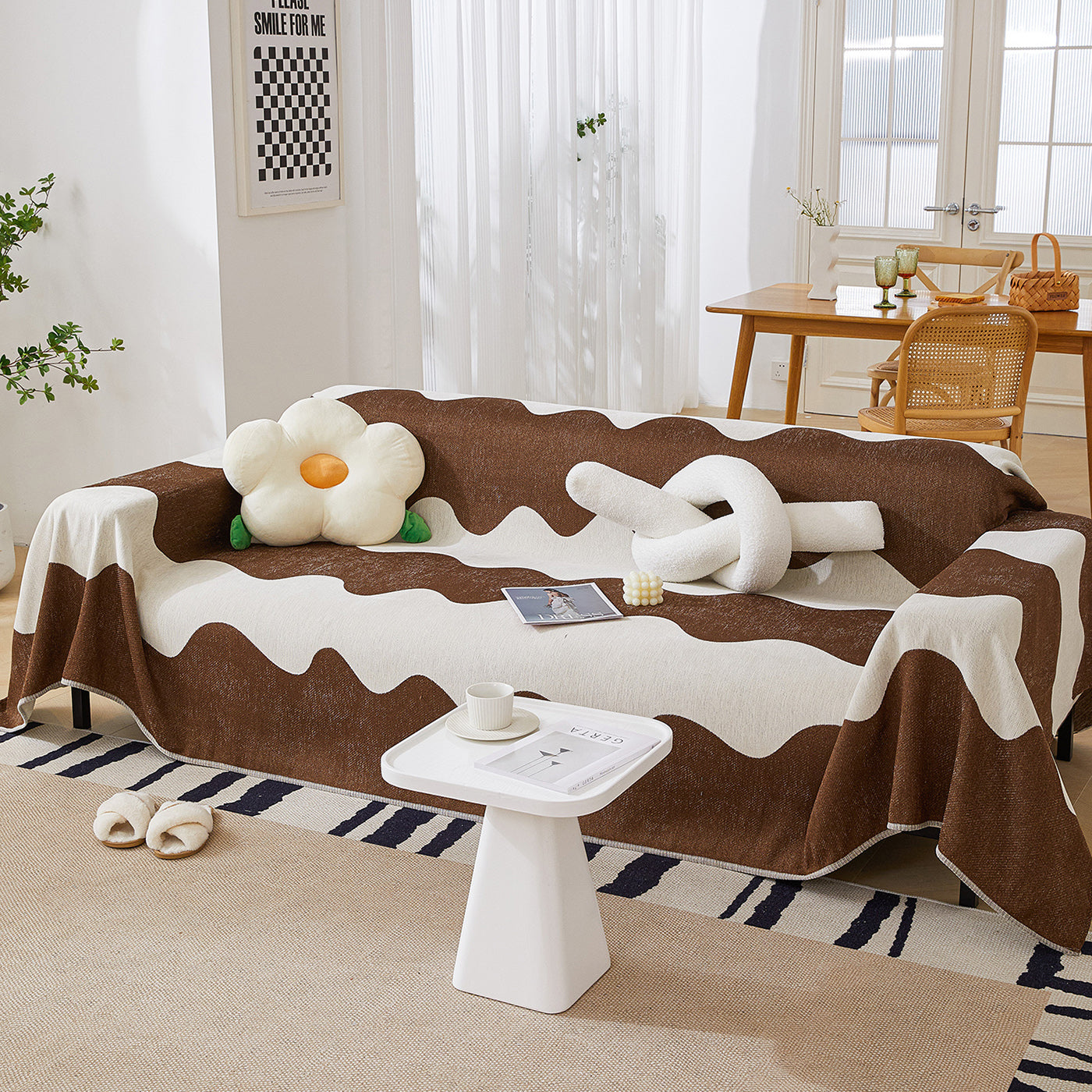 Chenille Minimalist Wavy Sofa Throw Cover, Cozy Blankets For Couch, Machine Washable Couch Protector