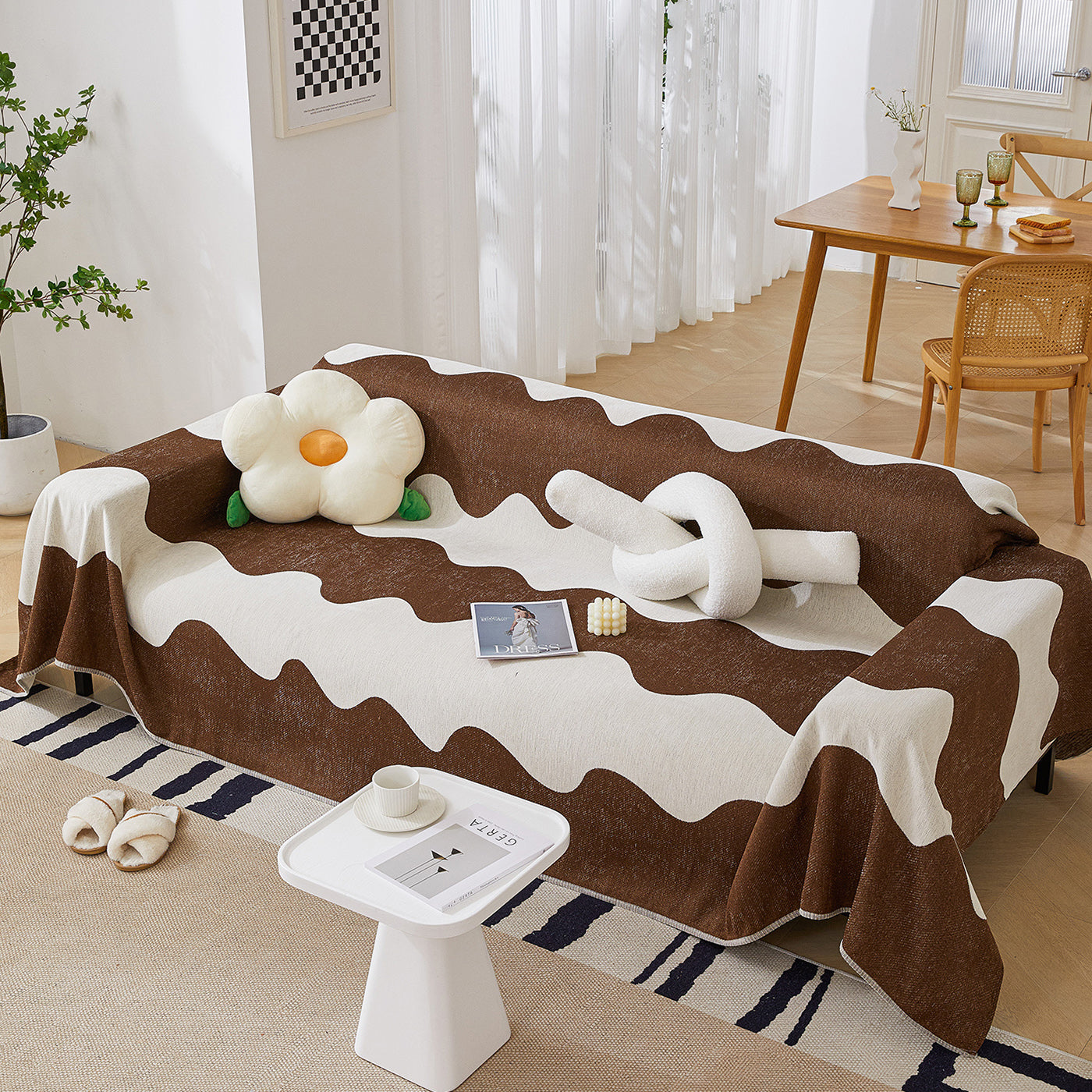 Chenille Minimalist Wavy Sofa Throw Cover, Cozy Blankets For Couch, Machine Washable Couch Protector