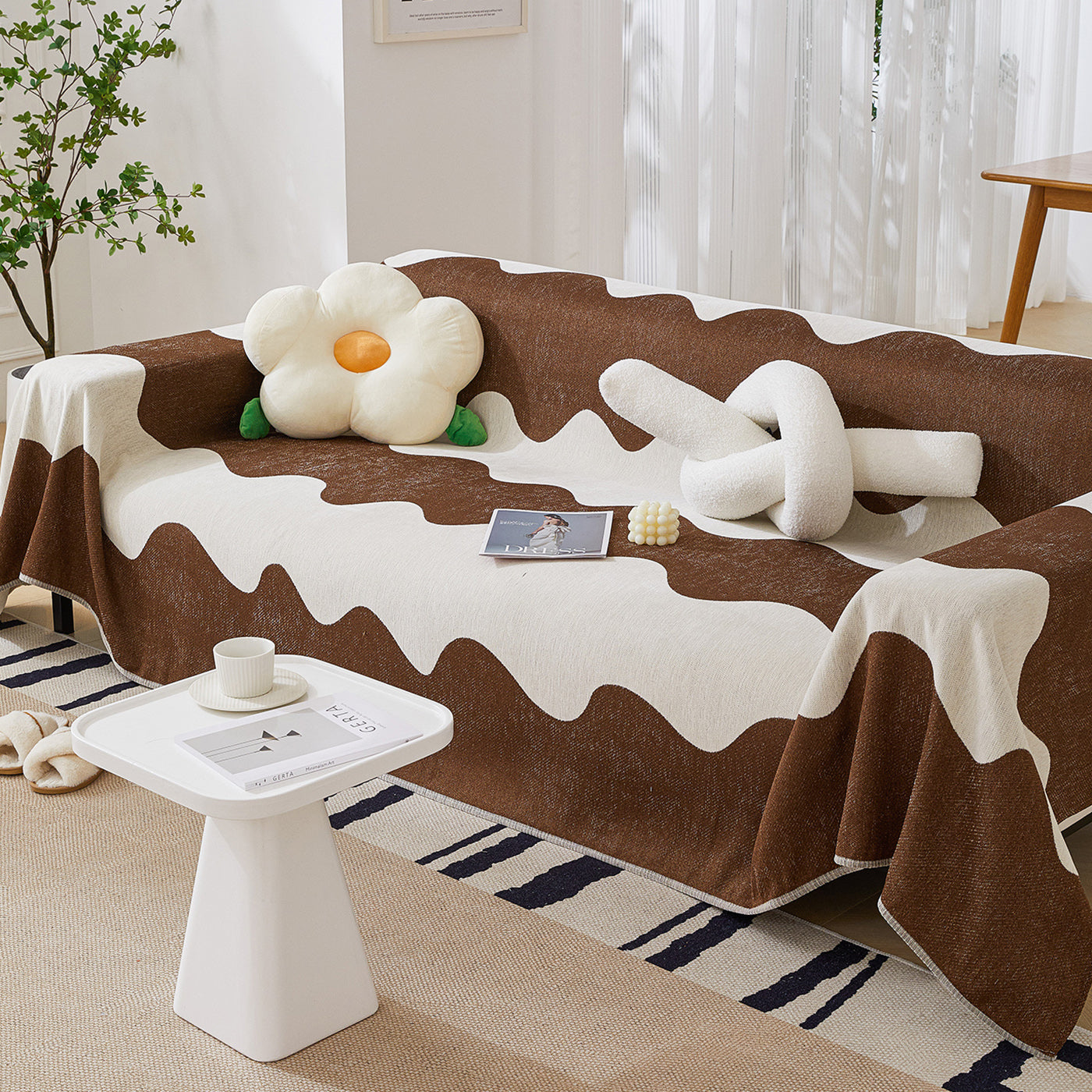 Chenille Minimalist Wavy Sofa Throw Cover, Cozy Blankets For Couch, Machine Washable Couch Protector