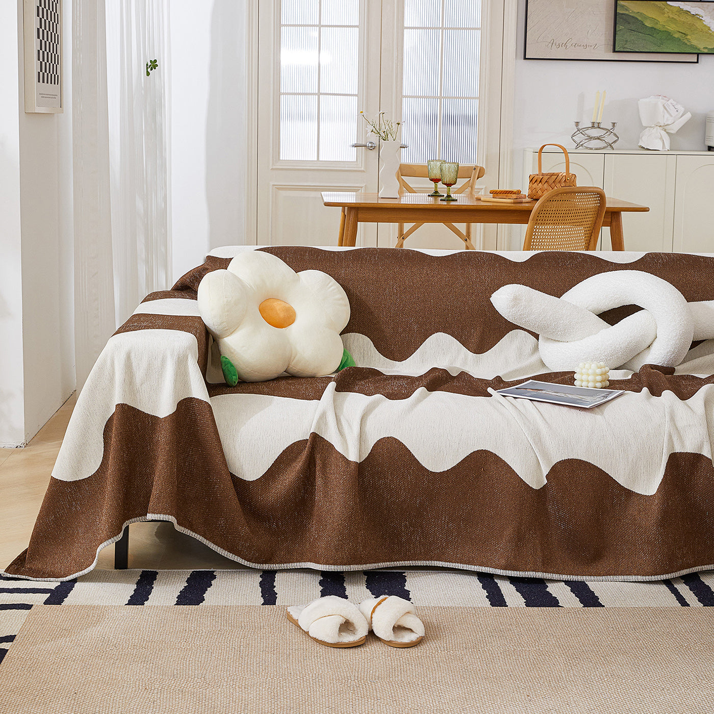 Chenille Minimalist Wavy Sofa Throw Cover, Cozy Blankets For Couch, Machine Washable Couch Protector