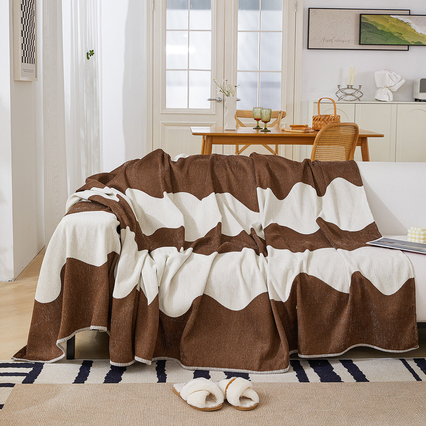 Chenille Minimalist Wavy Sofa Throw Cover, Cozy Blankets For Couch, Machine Washable Couch Protector