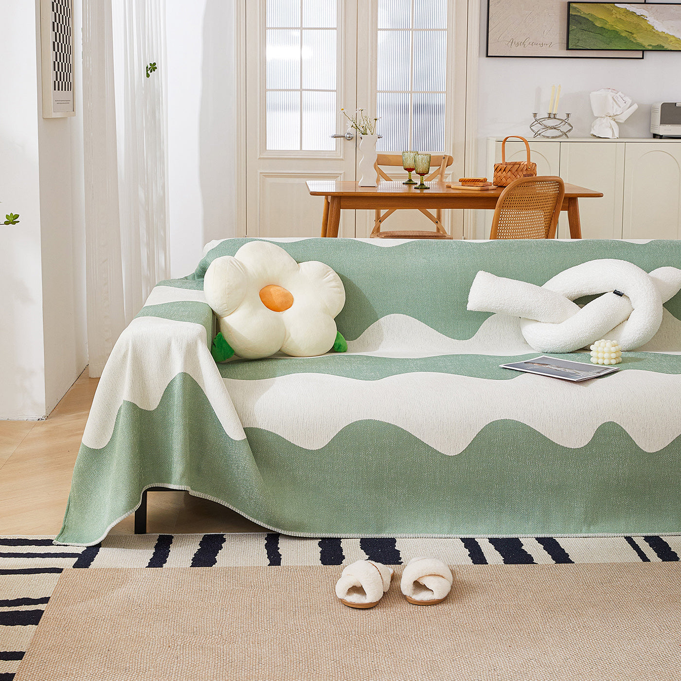 Chenille Minimalist Wavy Sofa Throw Cover, Cozy Blankets For Couch, Machine Washable Couch Protector