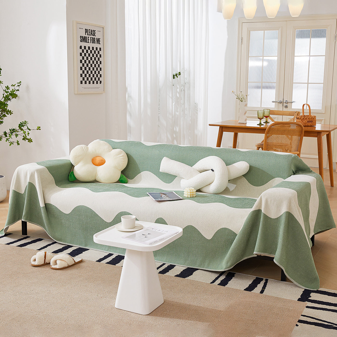 Chenille Minimalist Wavy Sofa Throw Cover, Cozy Blankets For Couch, Machine Washable Couch Protector