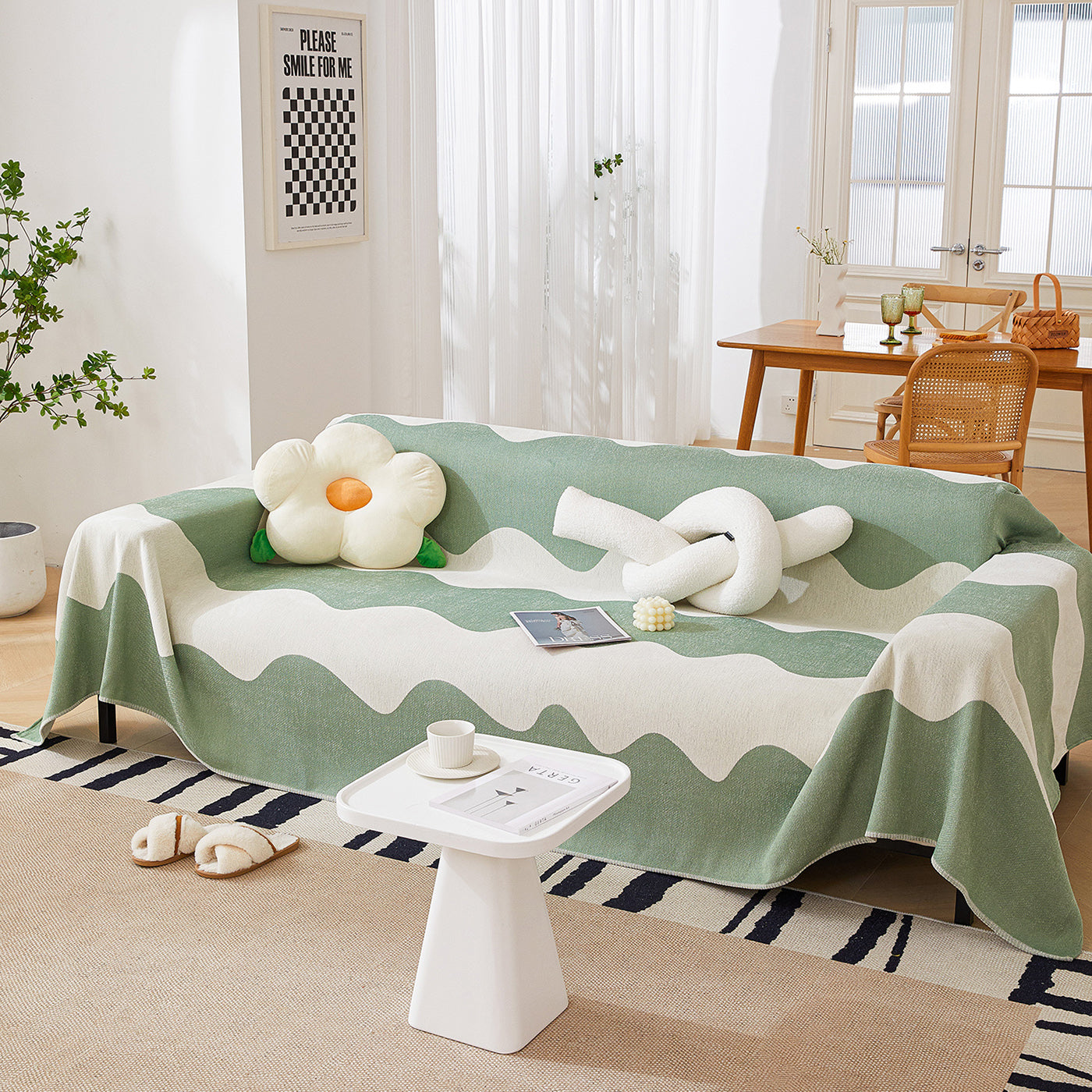 Chenille Minimalist Wavy Sofa Throw Cover, Cozy Blankets For Couch, Machine Washable Couch Protector