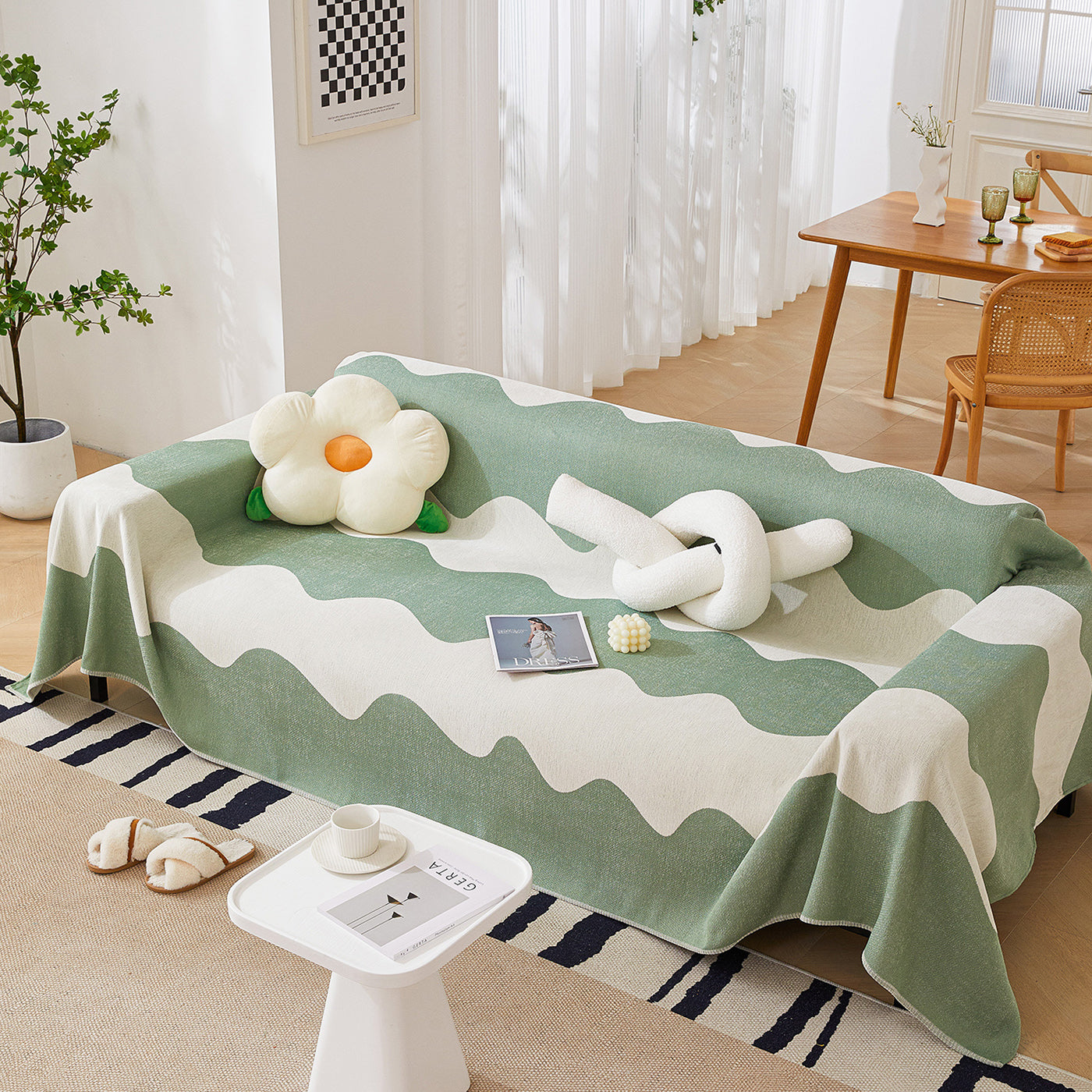 Chenille Minimalist Wavy Sofa Throw Cover, Cozy Blankets For Couch, Machine Washable Couch Protector