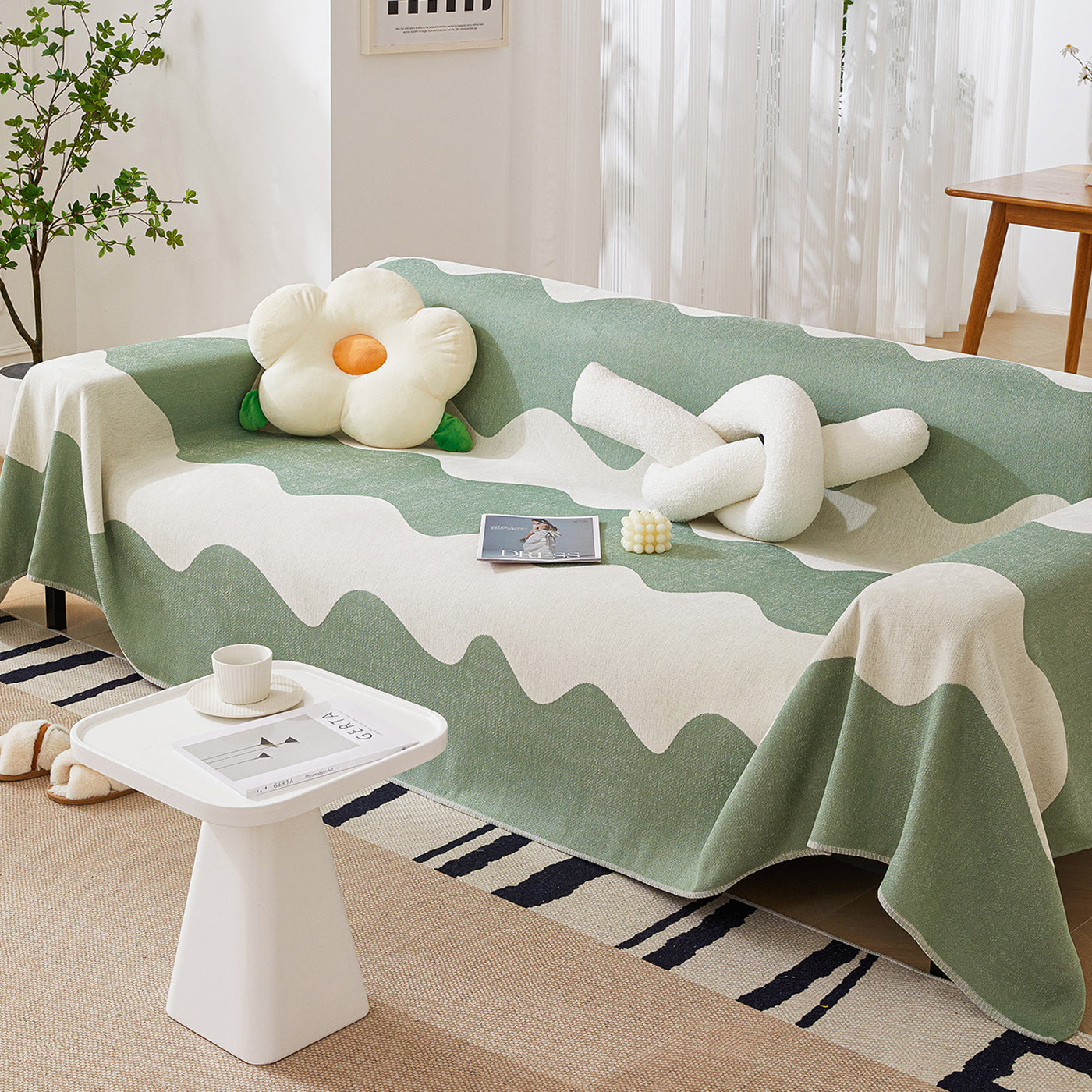 Chenille Minimalist Wavy Sofa Throw Cover, Cozy Blankets For Couch, Machine Washable Couch Protector