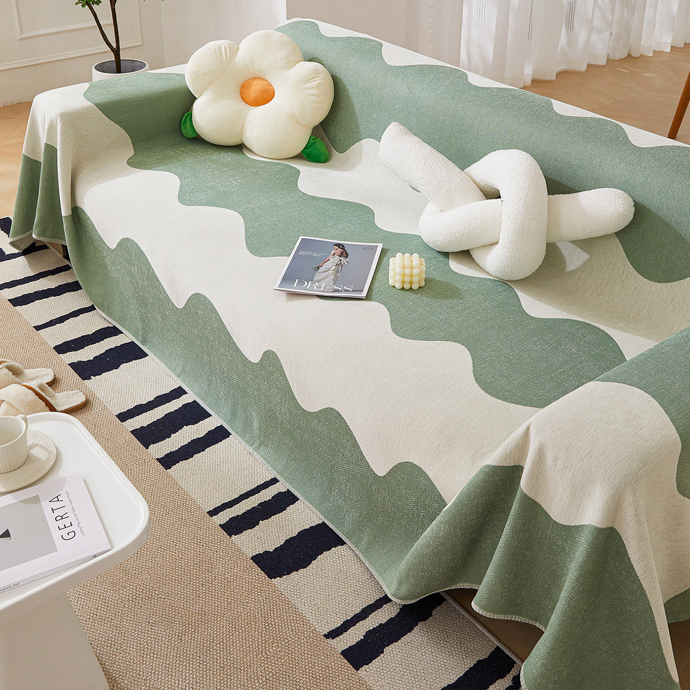 Chenille Minimalist Wavy Sofa Throw Cover, Cozy Blankets For Couch, Machine Washable Couch Protector