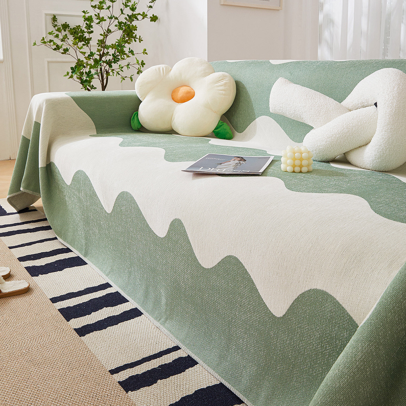 Chenille Minimalist Wavy Sofa Throw Cover, Cozy Blankets For Couch, Machine Washable Couch Protector