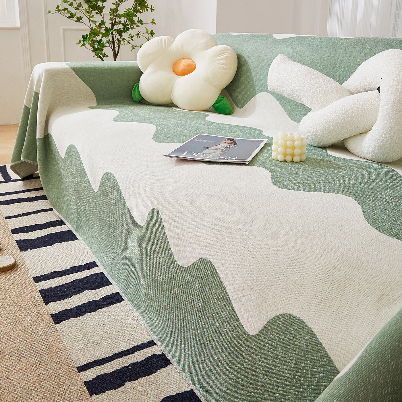 Chenille Minimalist Wavy Sofa Throw Cover, Cozy Blankets For Couch, Machine Washable Couch Protector