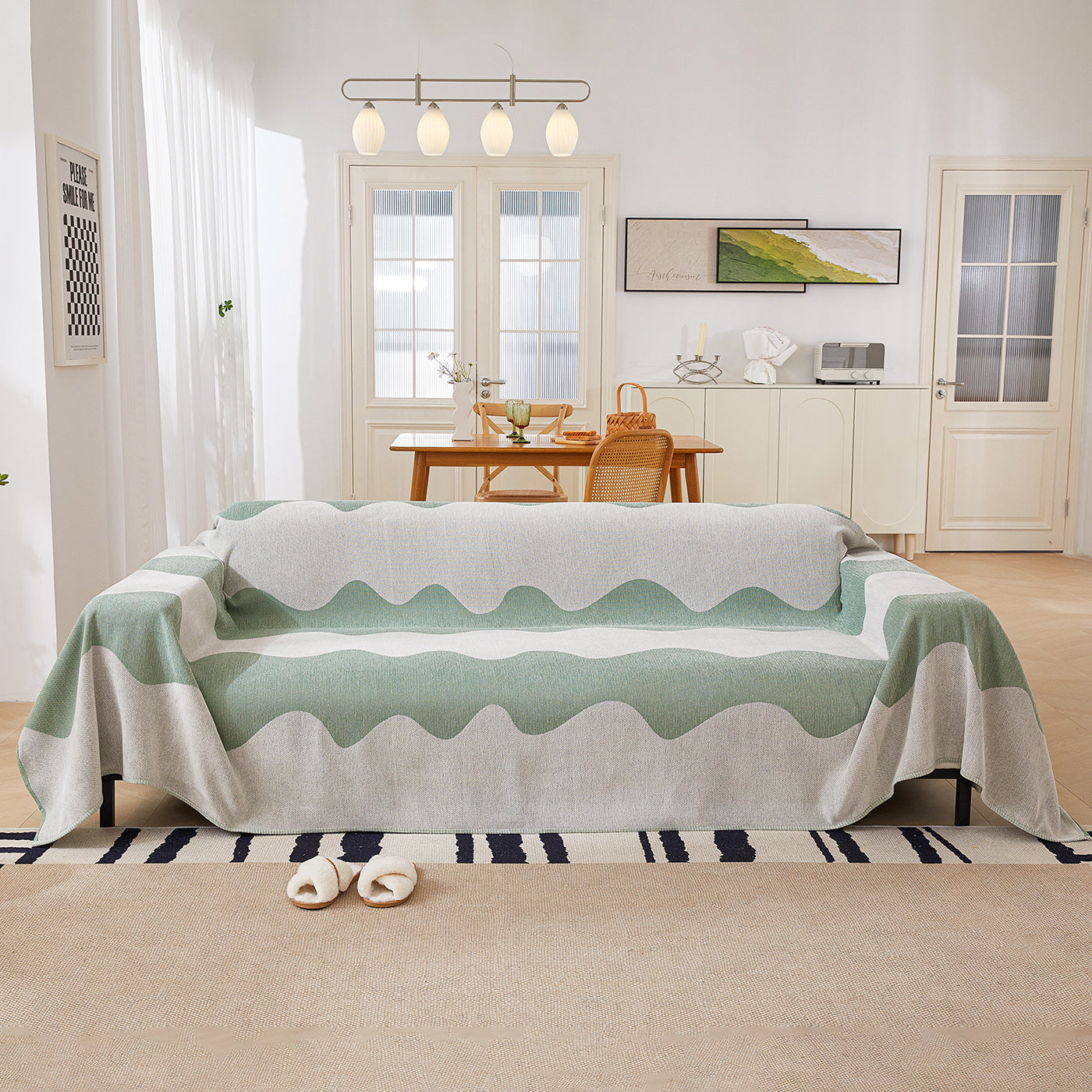 Chenille Minimalist Wavy Sofa Throw Cover, Cozy Blankets For Couch, Machine Washable Couch Protector