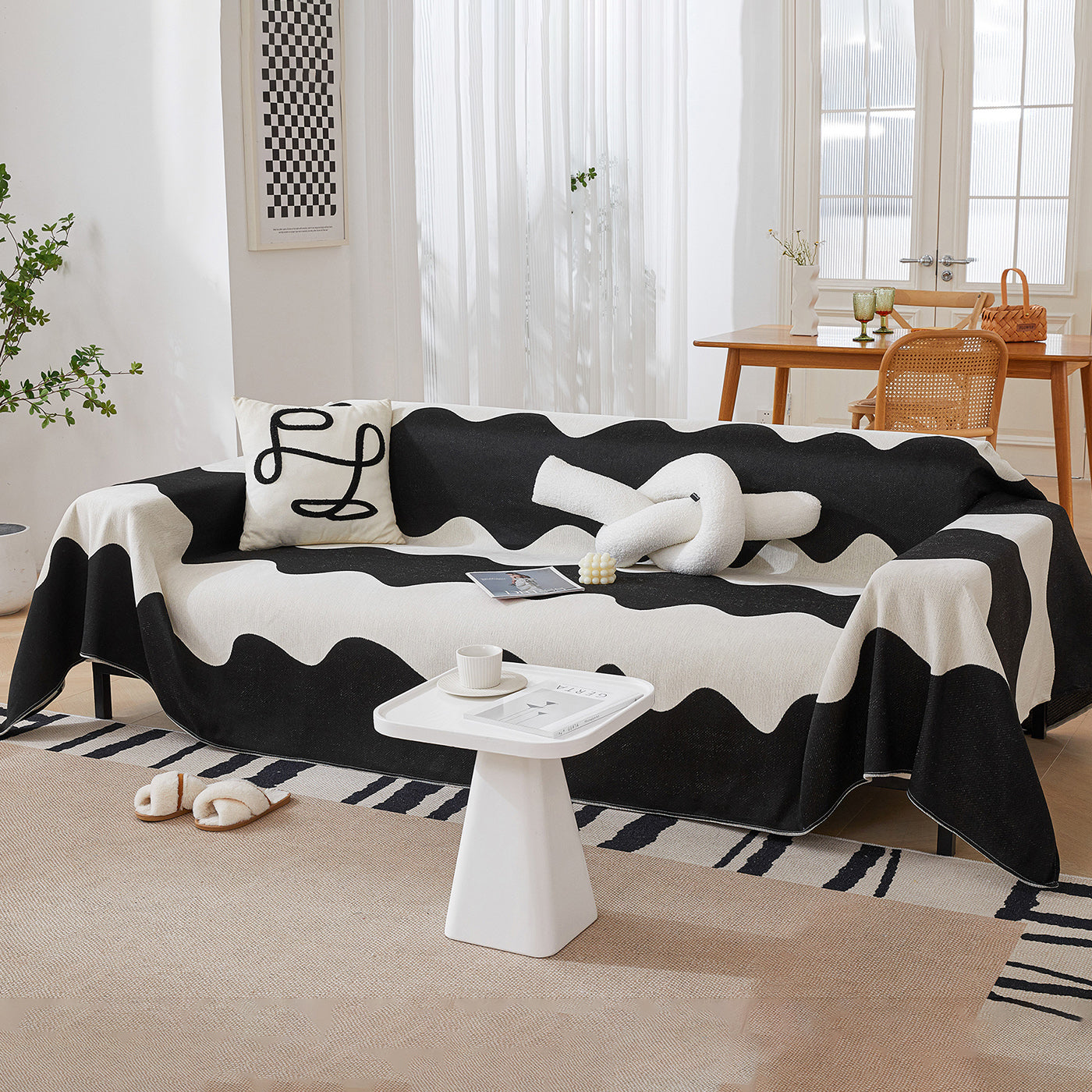 Chenille Minimalist Wavy Sofa Throw Cover, Cozy Blankets For Couch, Machine Washable Couch Protector