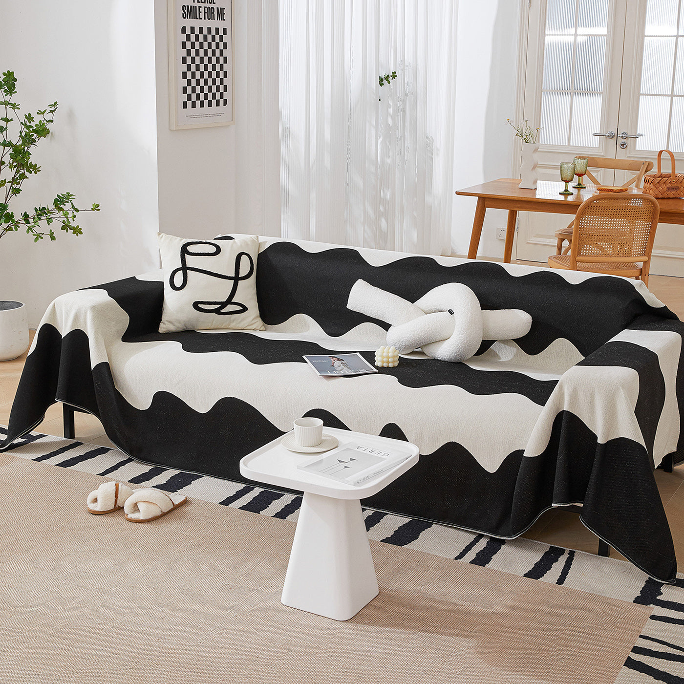 Chenille Minimalist Wavy Sofa Throw Cover, Cozy Blankets For Couch, Machine Washable Couch Protector