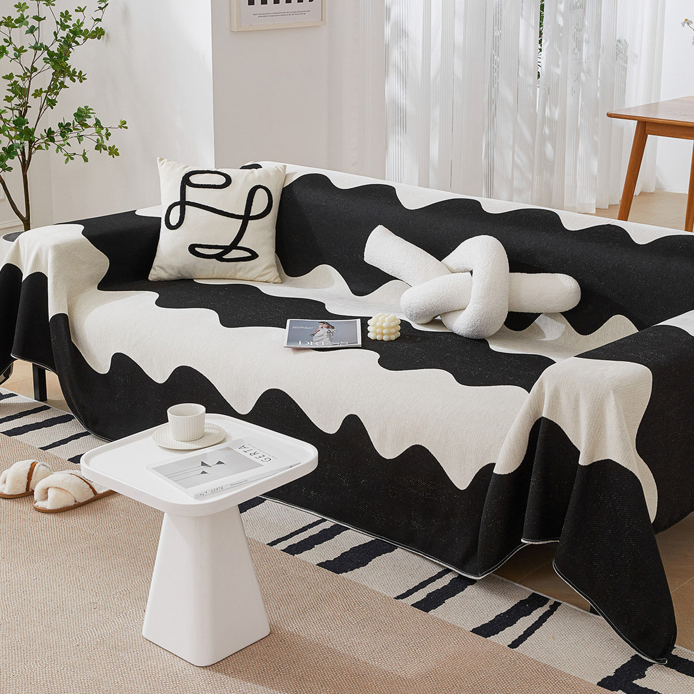 Chenille Minimalist Wavy Sofa Throw Cover, Cozy Blankets For Couch, Machine Washable Couch Protector