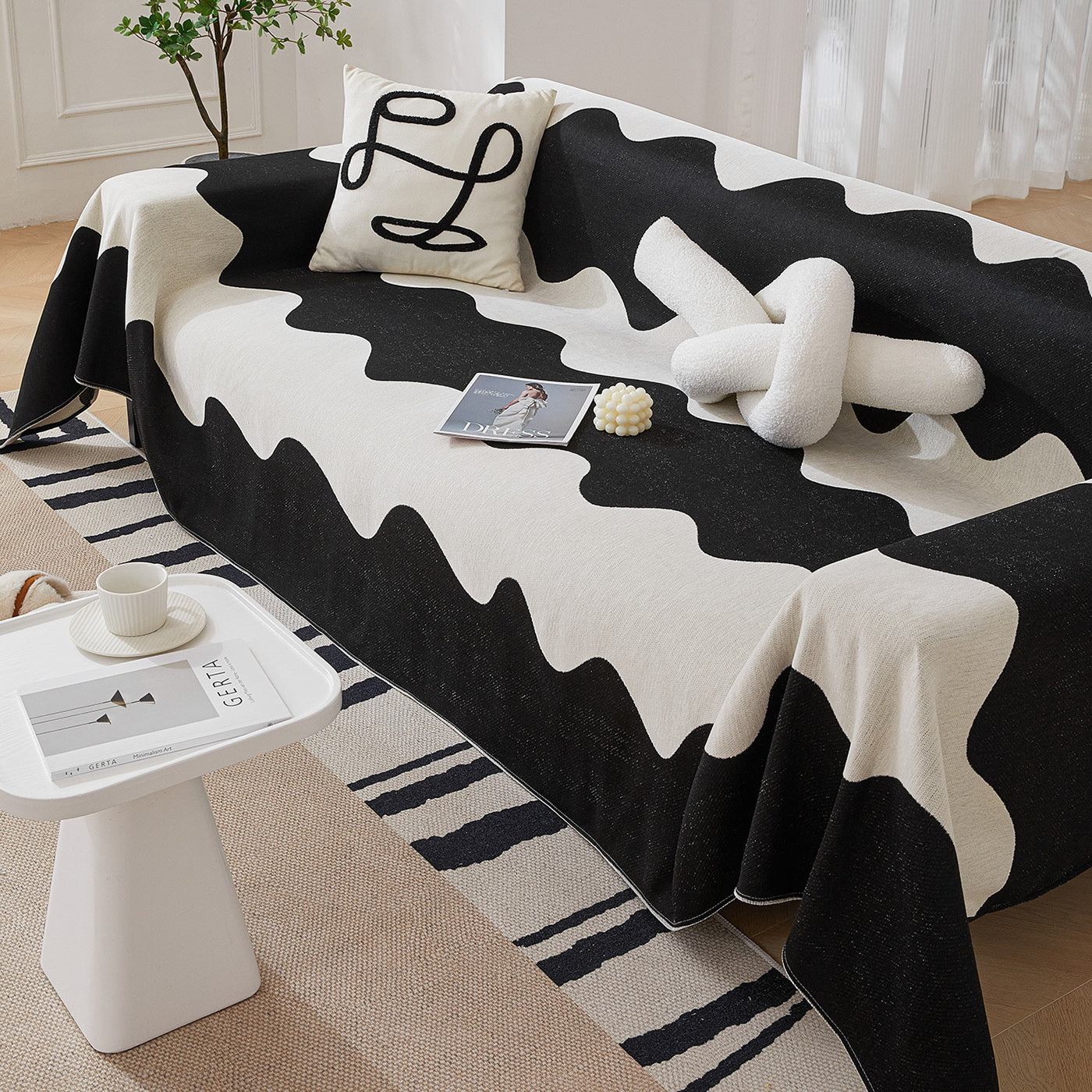 Chenille Minimalist Wavy Sofa Throw Cover, Cozy Blankets For Couch, Machine Washable Couch Protector