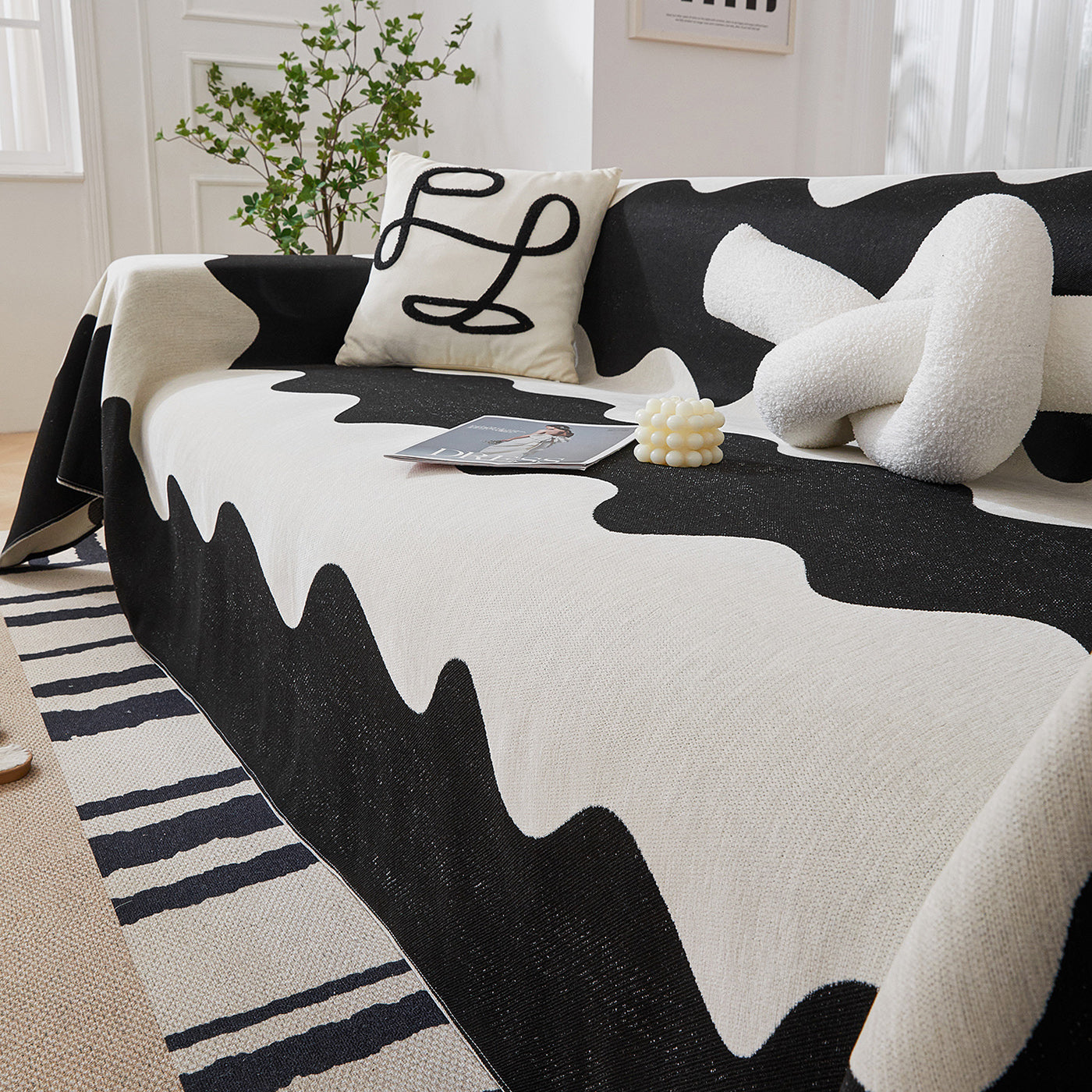 Chenille Minimalist Wavy Sofa Throw Cover, Cozy Blankets For Couch, Machine Washable Couch Protector