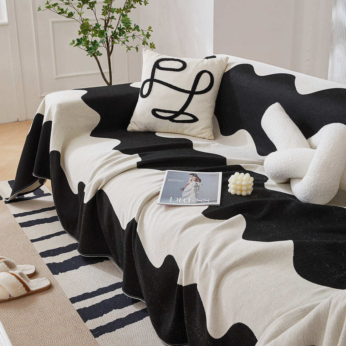 Chenille Minimalist Wavy Sofa Throw Cover, Cozy Blankets For Couch, Machine Washable Couch Protector