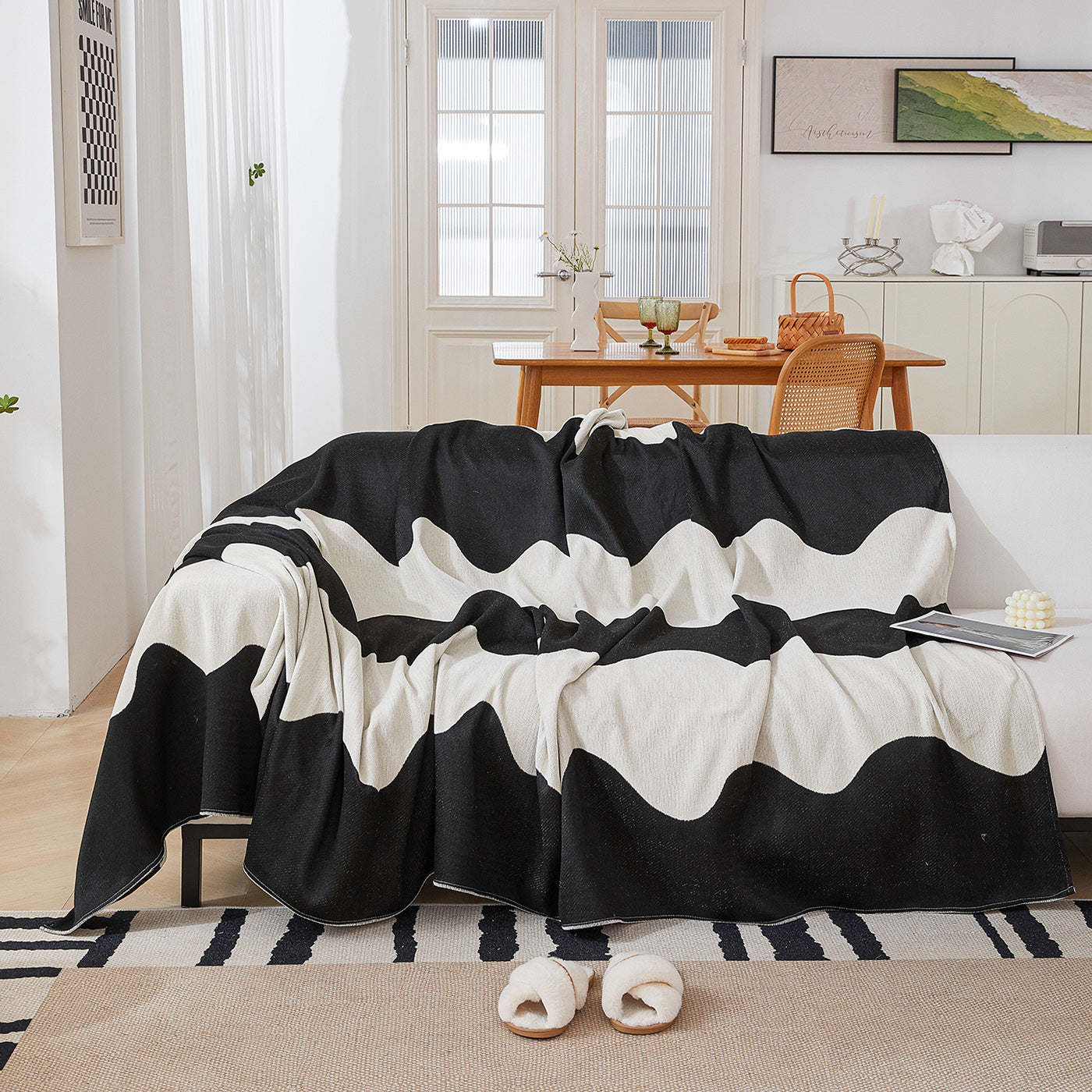 Chenille Minimalist Wavy Sofa Throw Cover, Cozy Blankets For Couch, Machine Washable Couch Protector
