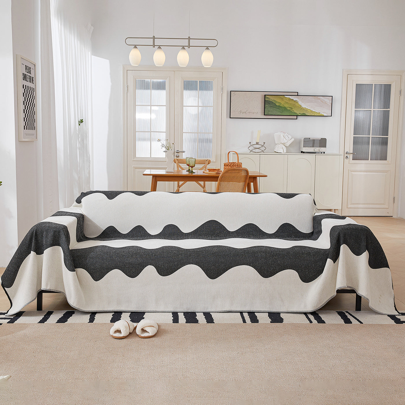 Chenille Minimalist Wavy Sofa Throw Cover, Cozy Blankets For Couch, Machine Washable Couch Protector