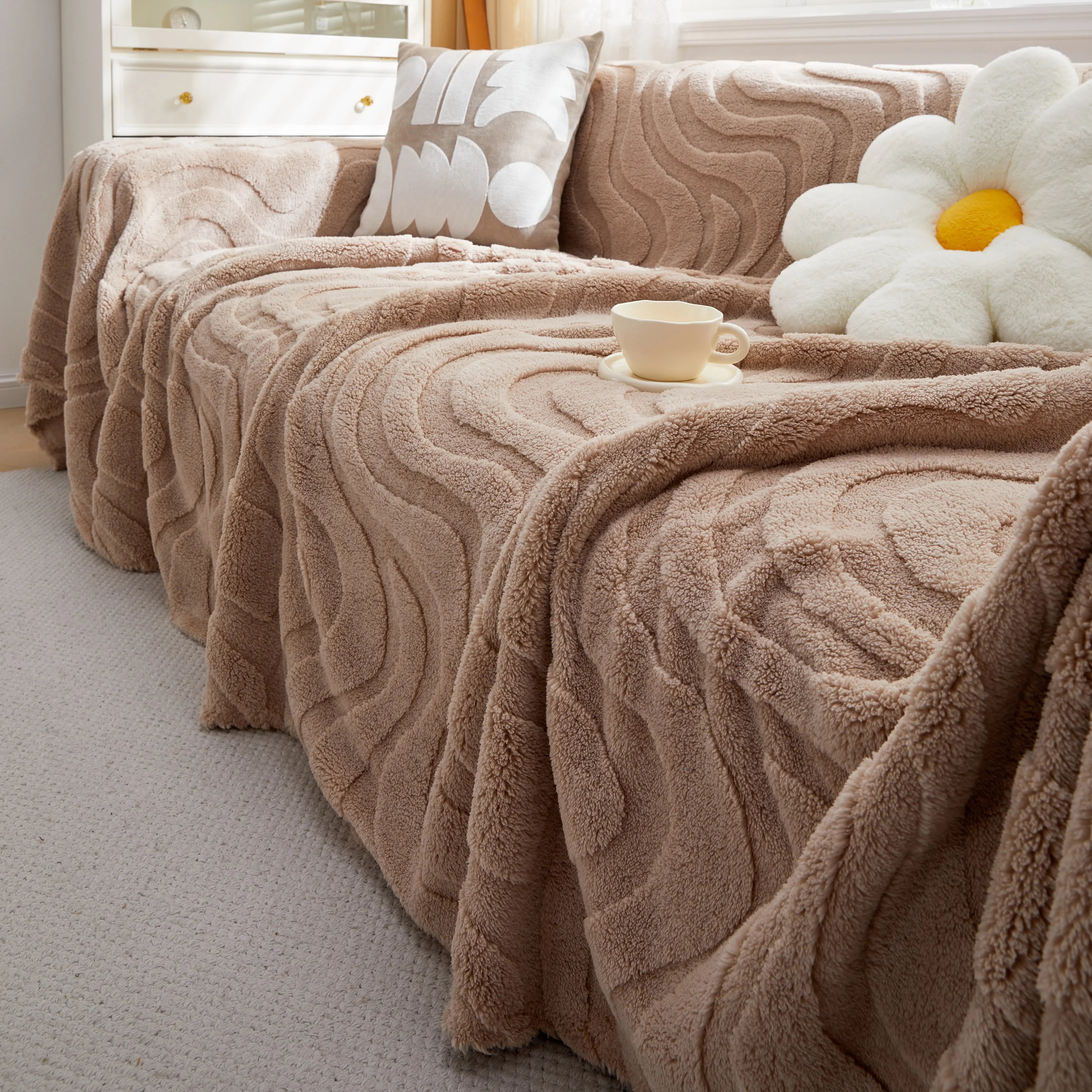 Thick Plush Jacquard Velvet Throw Blanket On Sofa, Sofa Slipcovers And Sectional Sofa Covers