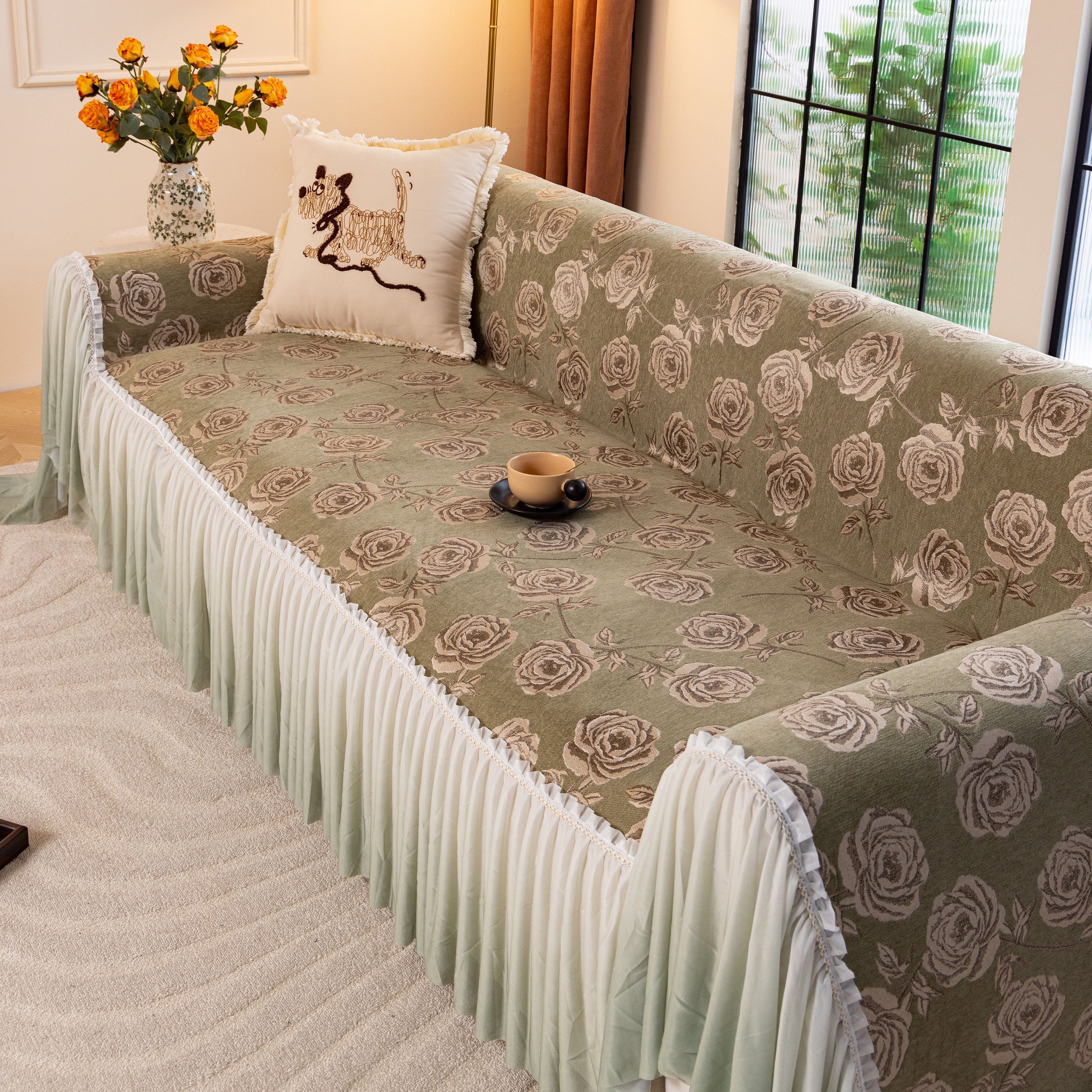 French Country Floral Sofa Cover With Ruffled Skirt, Farmhouse Decor For Living Room