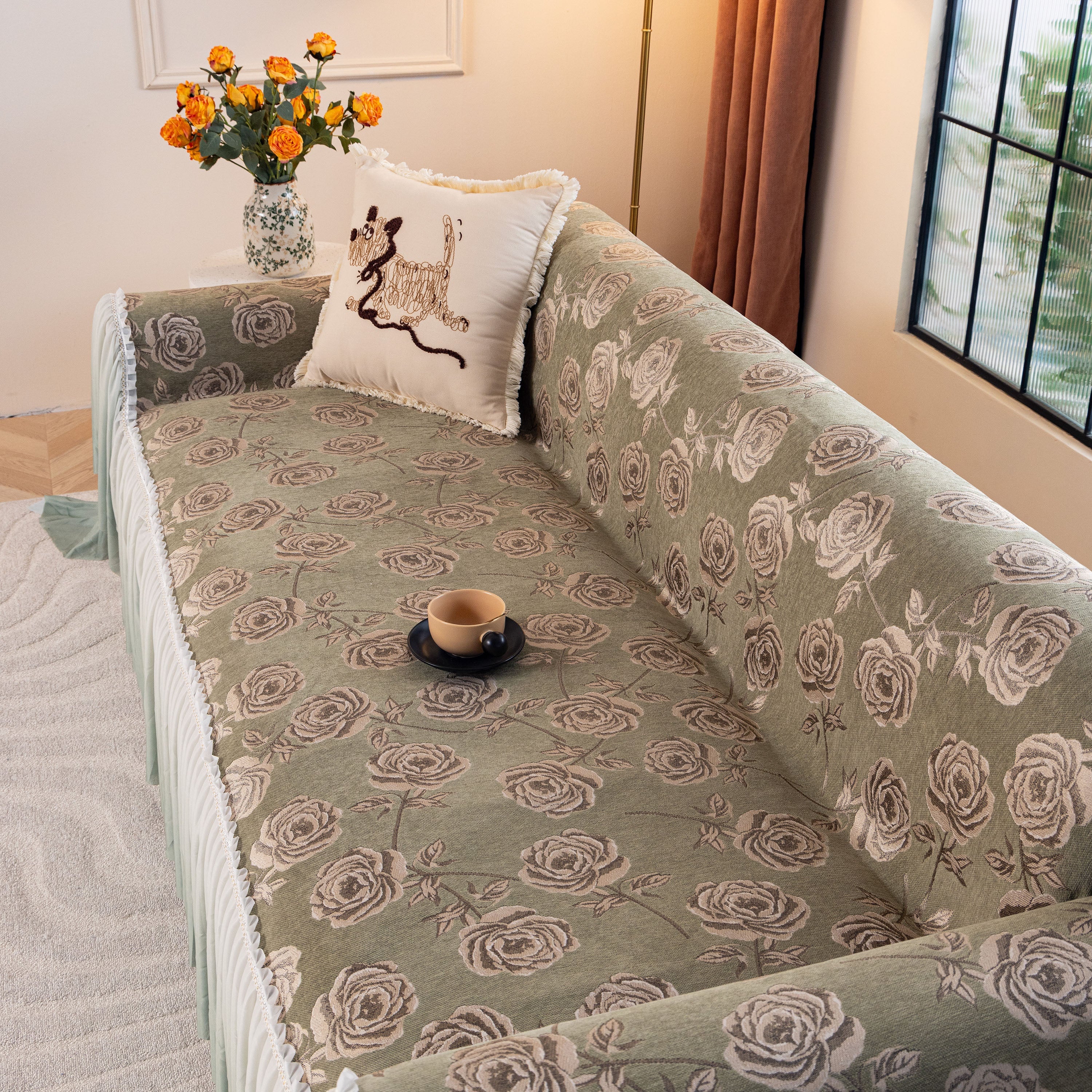 French Country Floral Sofa Cover With Ruffled Skirt, Farmhouse Decor For Living Room