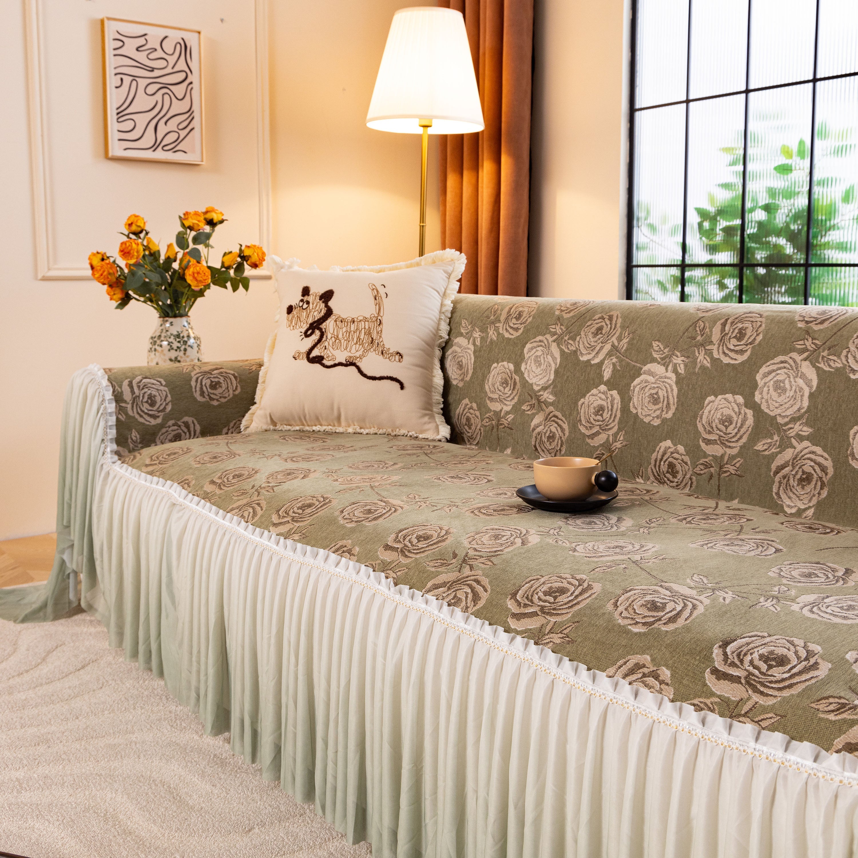 French Country Floral Sofa Cover With Ruffled Skirt, Farmhouse Decor For Living Room