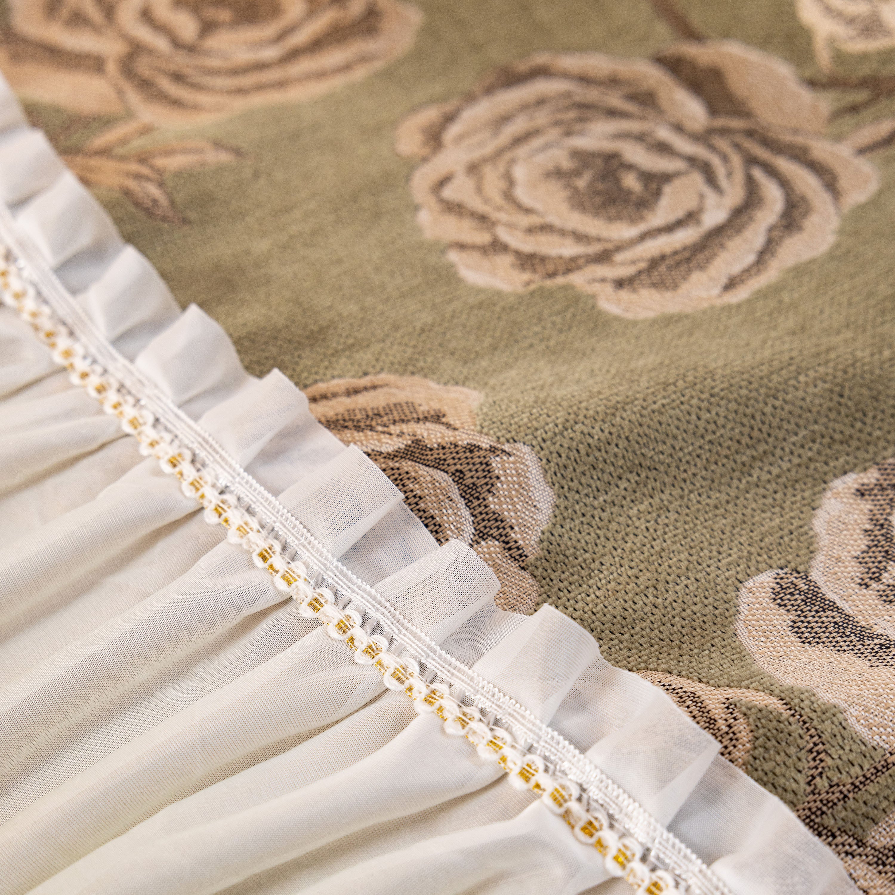 French Country Floral Sofa Cover With Ruffled Skirt, Farmhouse Decor For Living Room