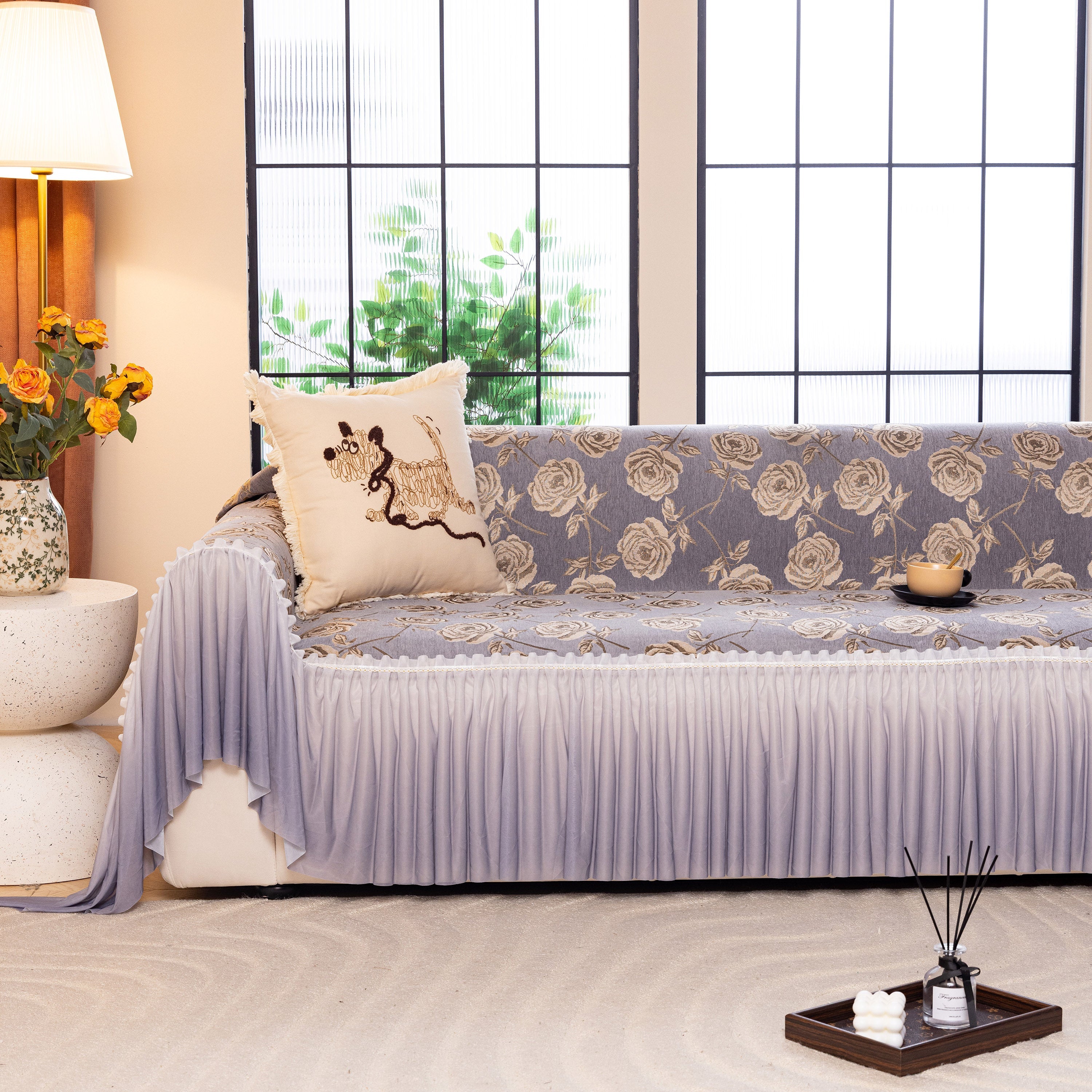 French Country Floral Sofa Cover With Ruffled Skirt, Farmhouse Decor For Living Room