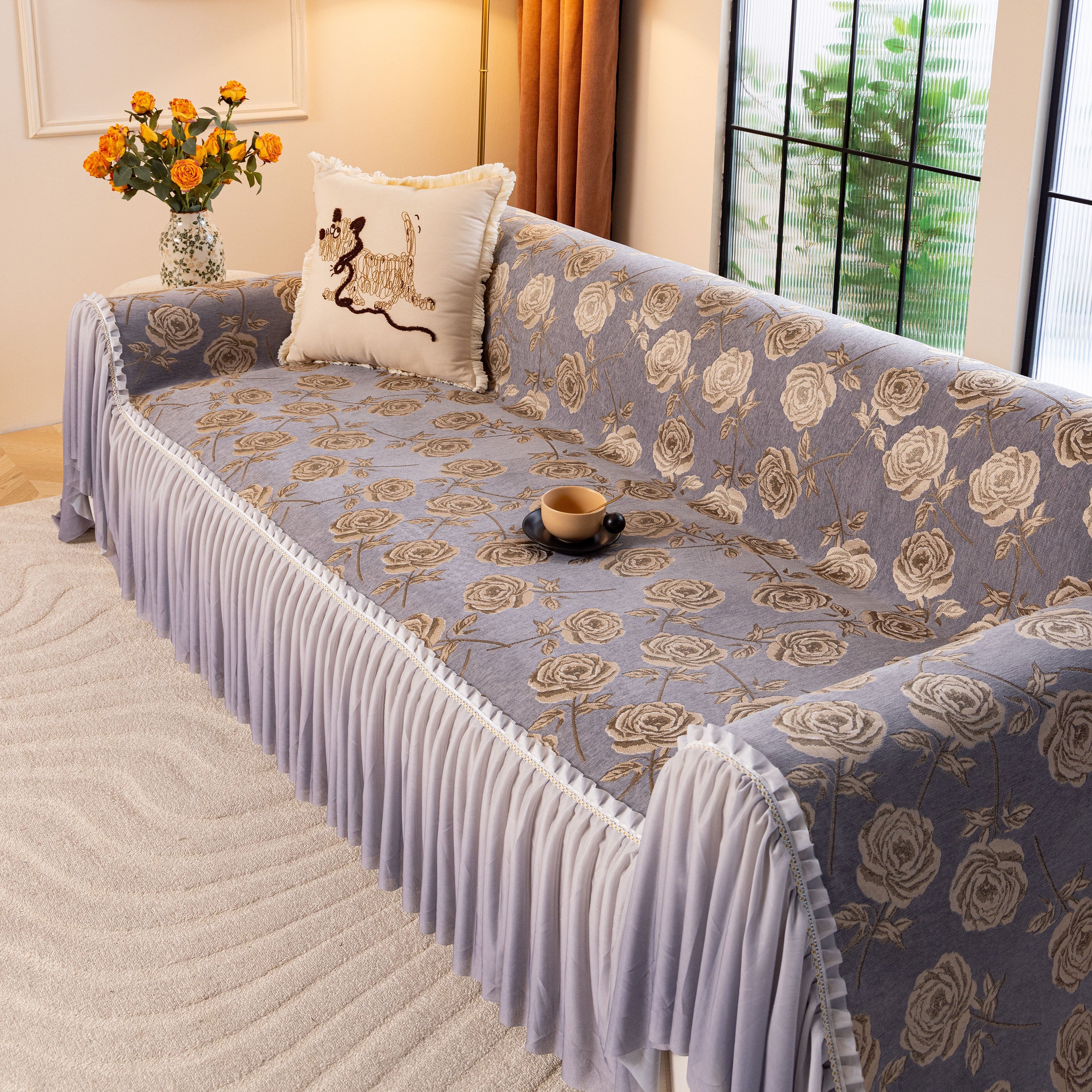 French Country Floral Sofa Cover With Ruffled Skirt, Farmhouse Decor For Living Room