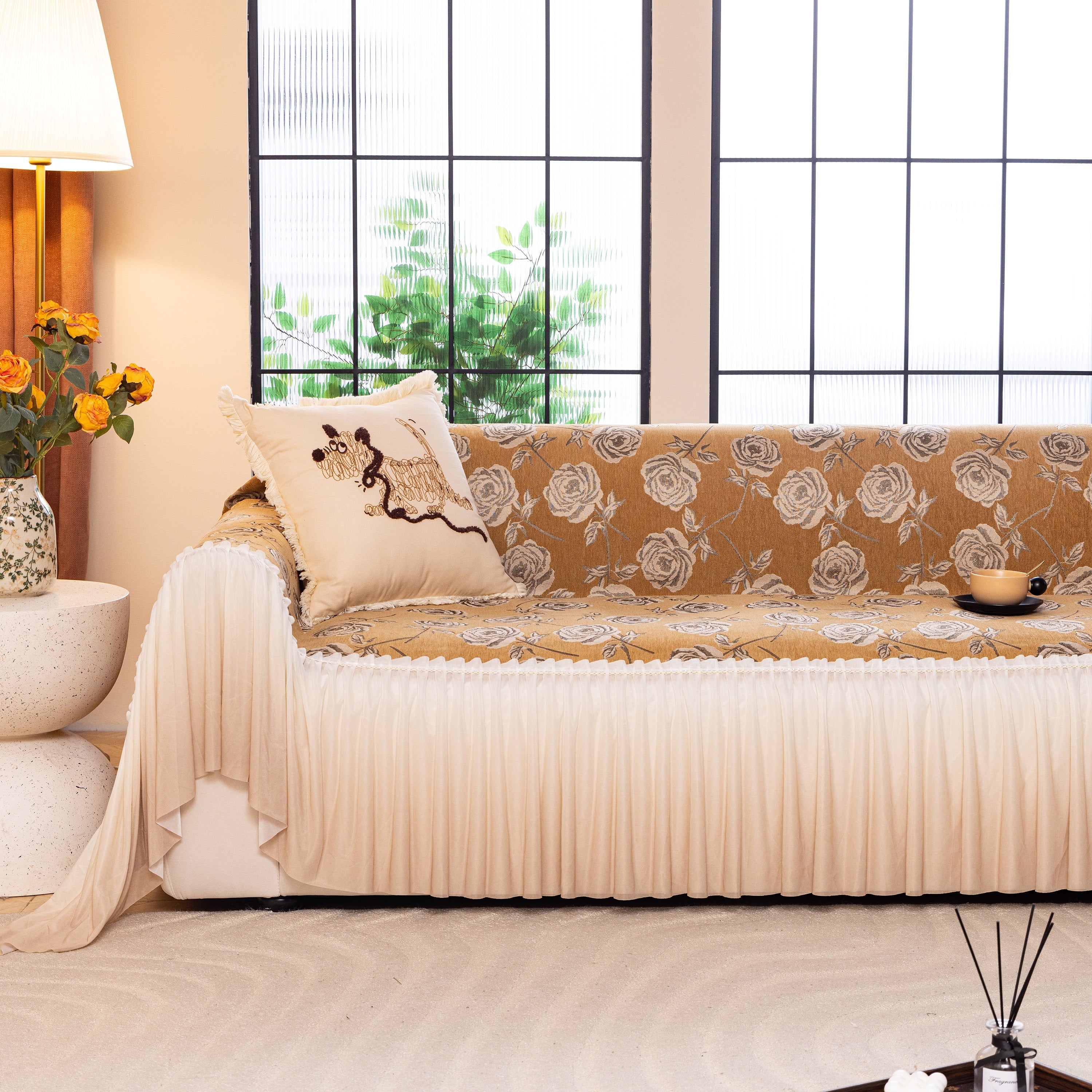 French Country Floral Sofa Cover With Ruffled Skirt, Farmhouse Decor For Living Room
