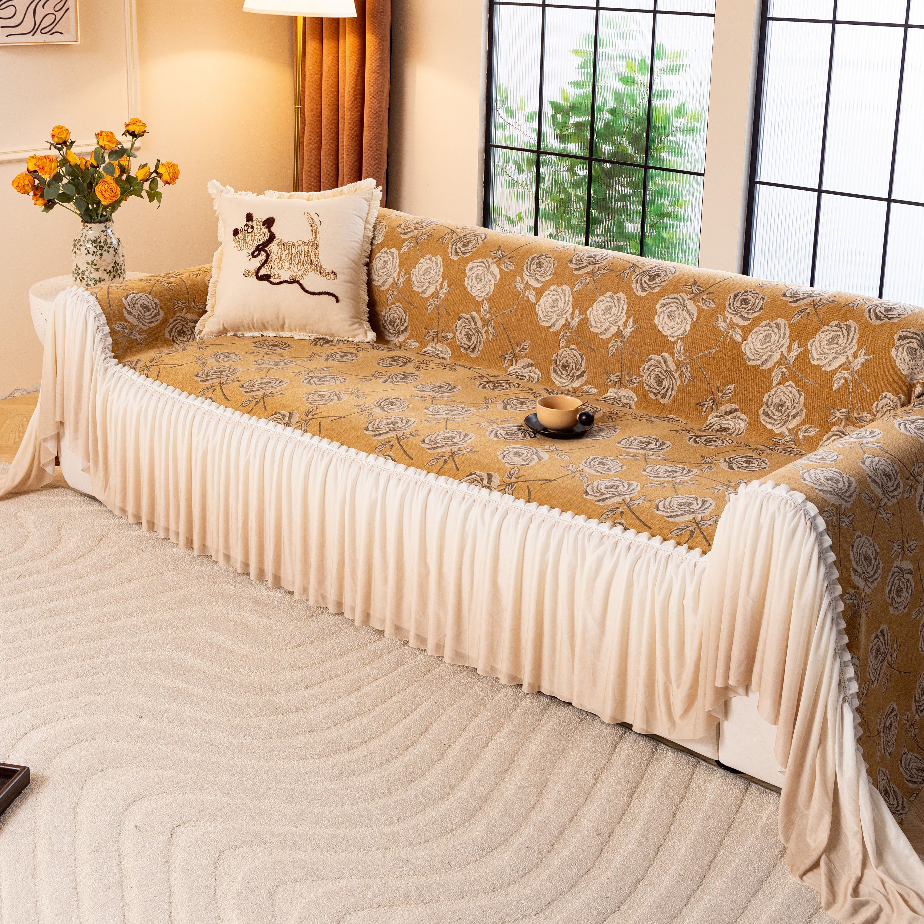 French Country Floral Sofa Cover With Ruffled Skirt, Farmhouse Decor For Living Room