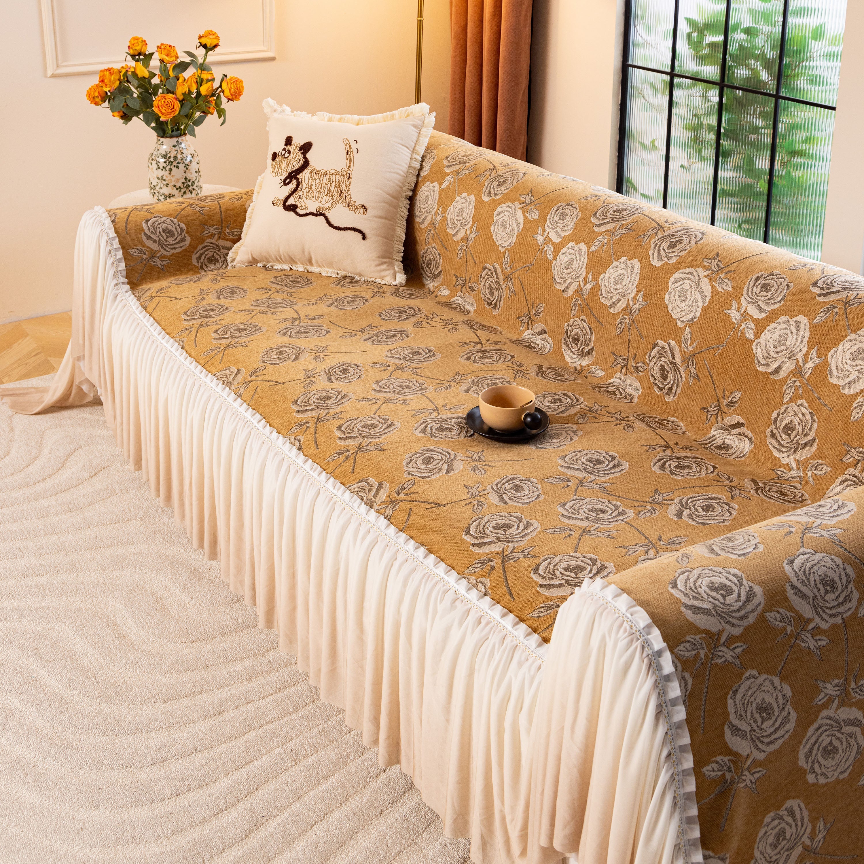 French Country Floral Sofa Cover With Ruffled Skirt, Farmhouse Decor For Living Room