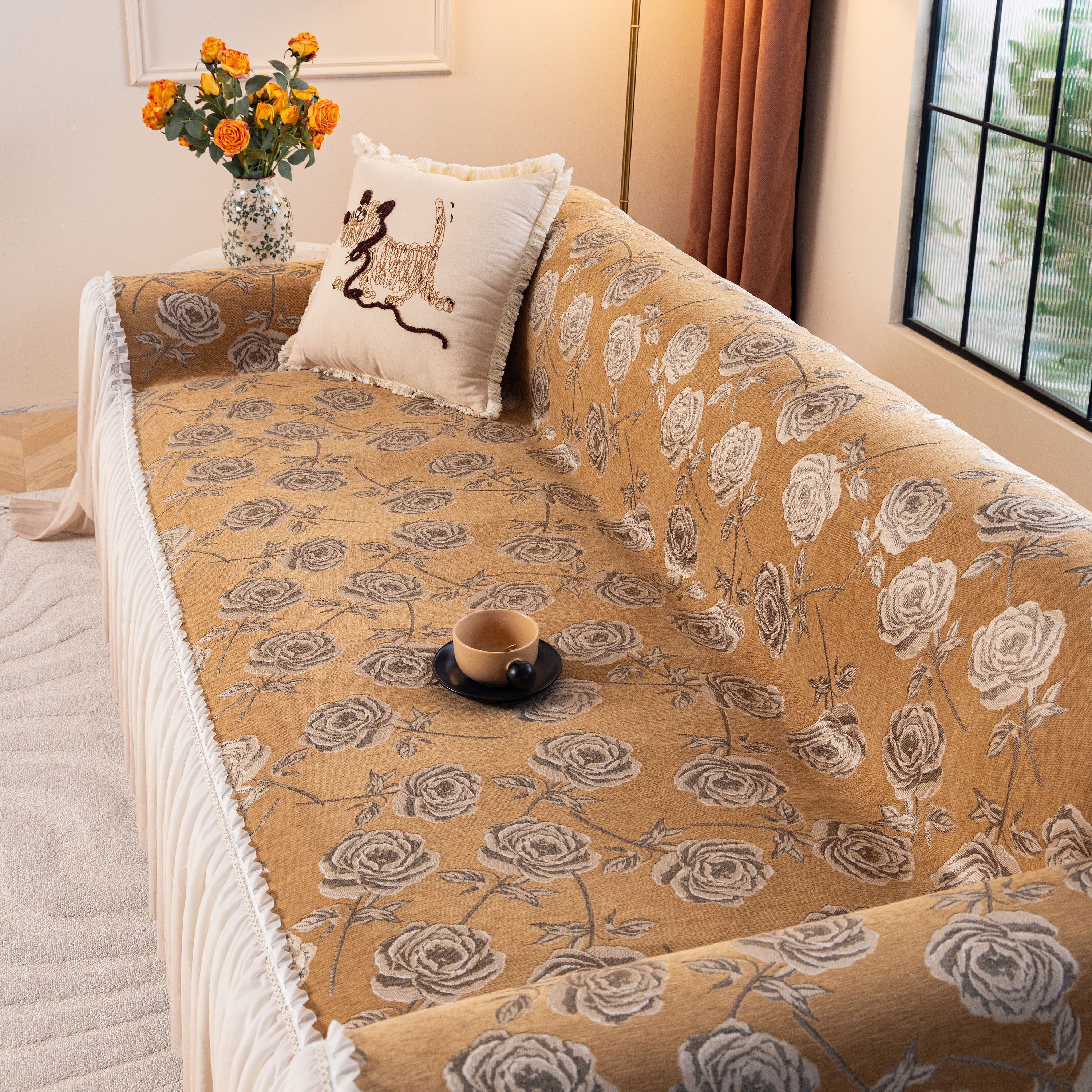 French Country Floral Sofa Cover With Ruffled Skirt, Farmhouse Decor For Living Room