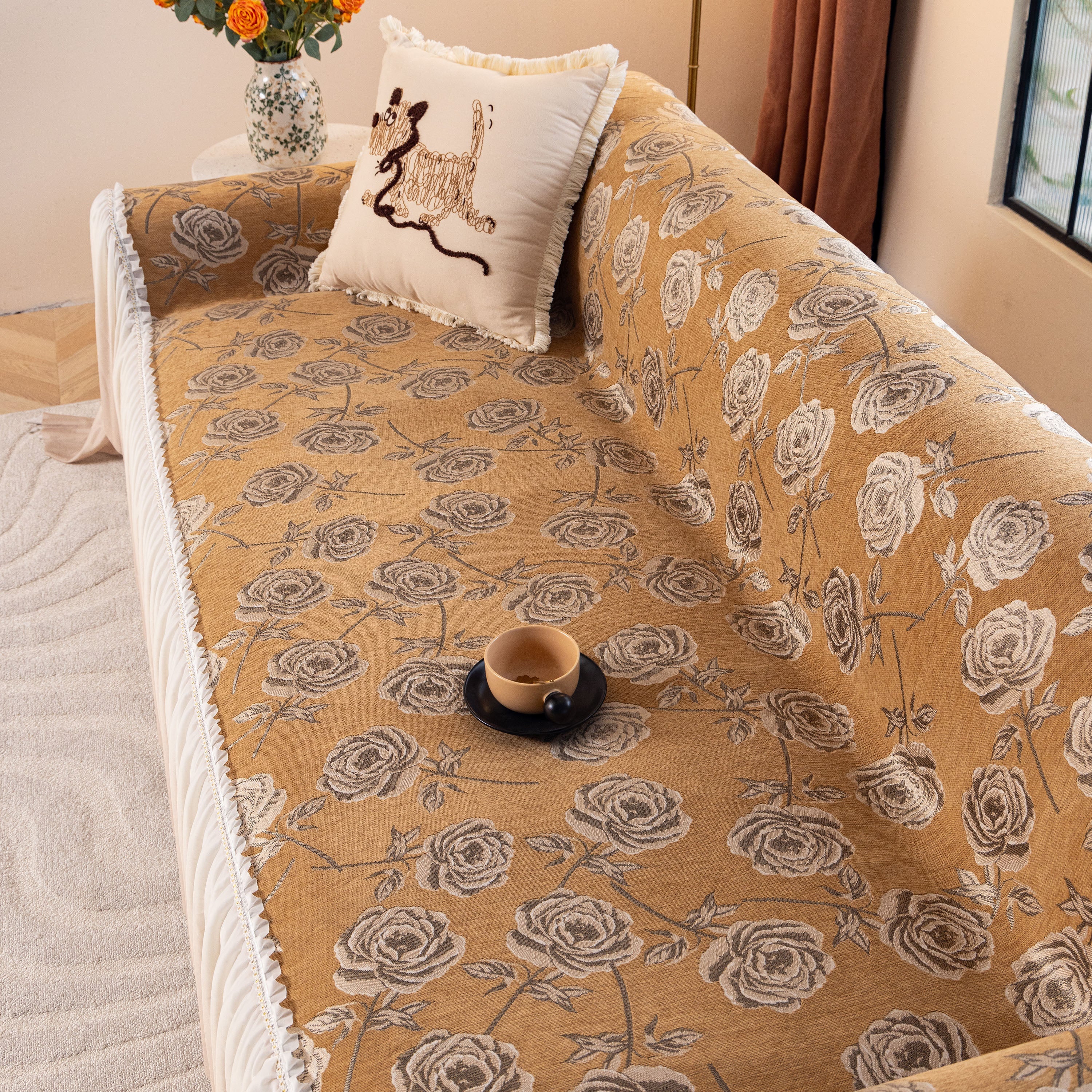 French Country Floral Sofa Cover With Ruffled Skirt, Farmhouse Decor For Living Room
