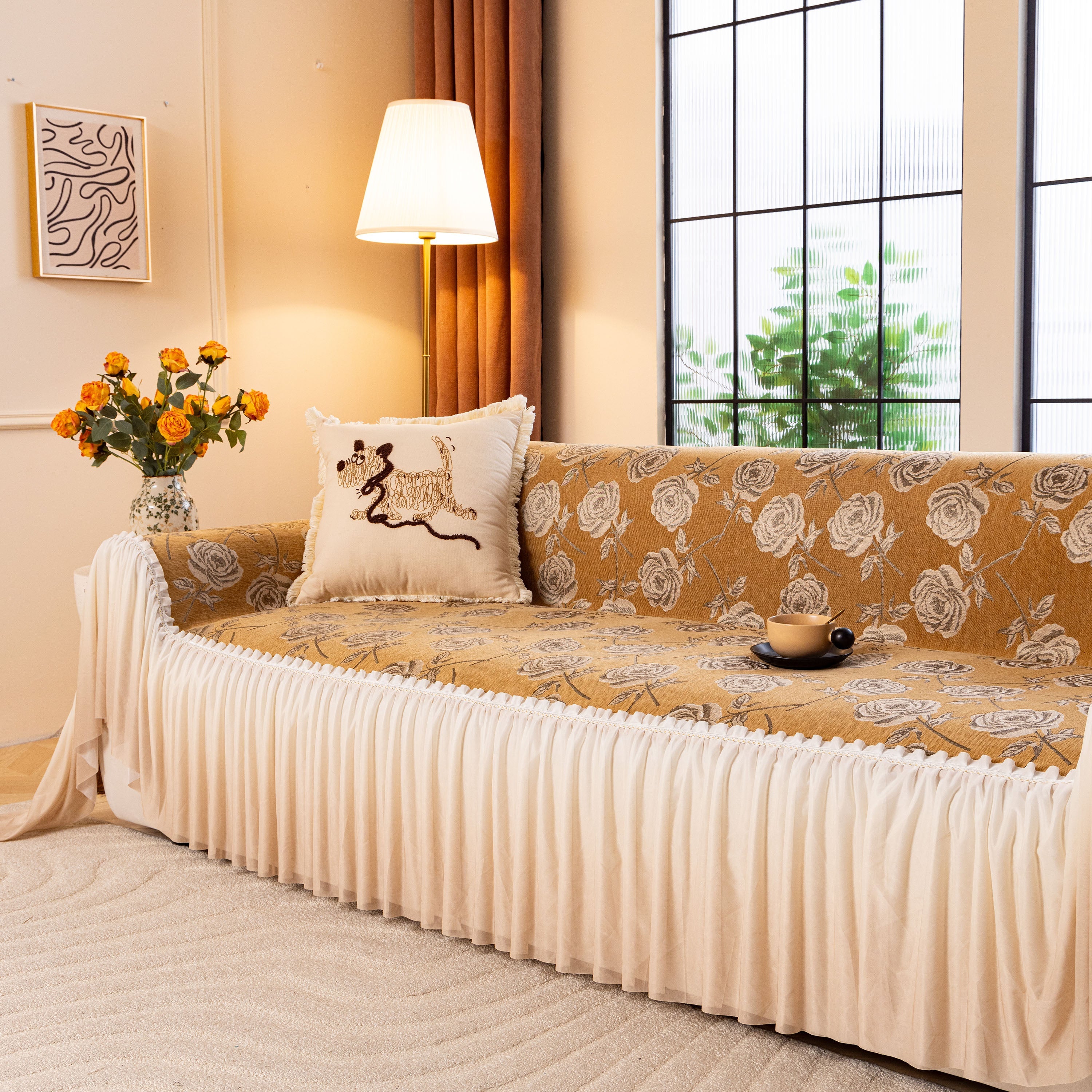 French Country Floral Sofa Cover With Ruffled Skirt, Farmhouse Decor For Living Room