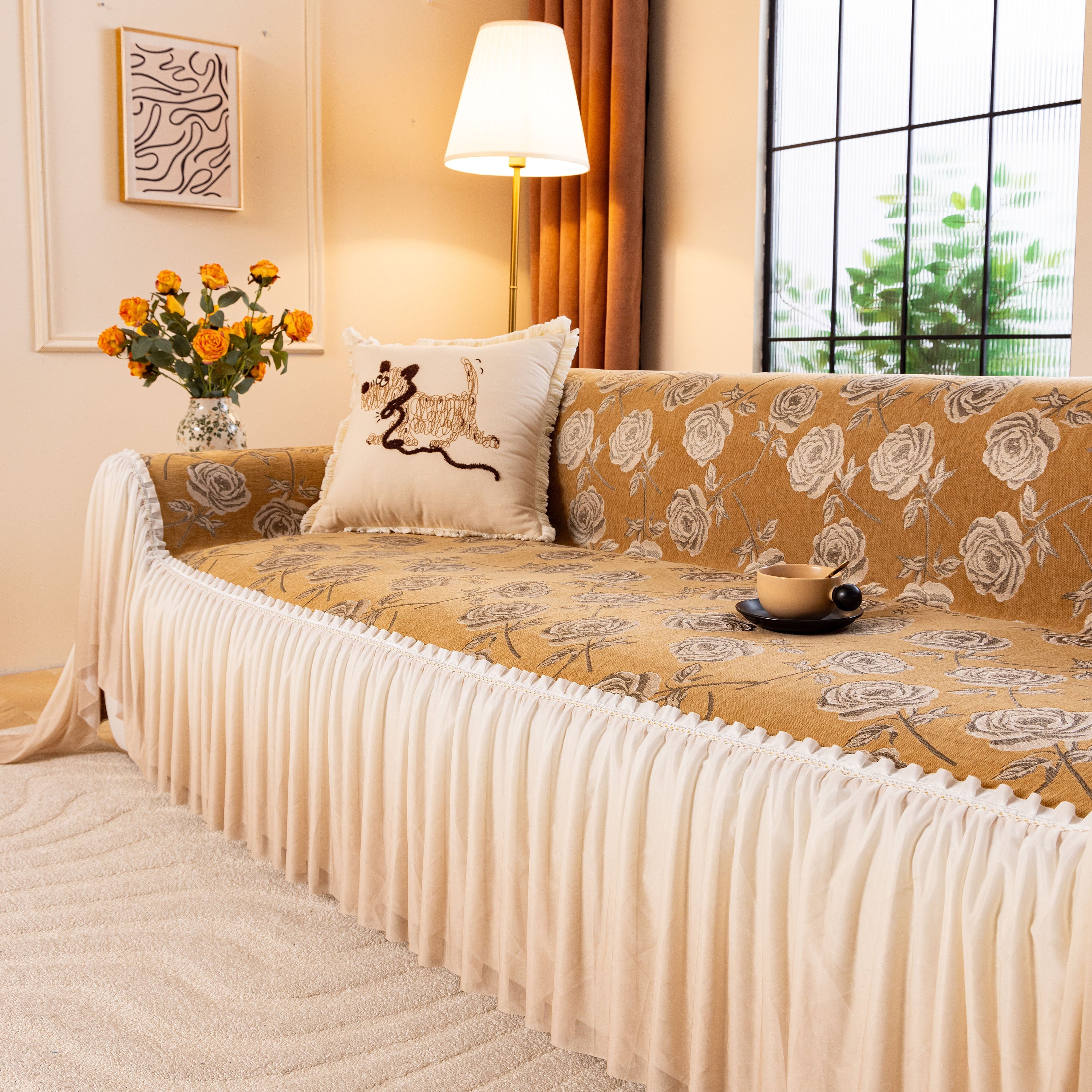 French Country Floral Sofa Cover With Ruffled Skirt, Farmhouse Decor For Living Room
