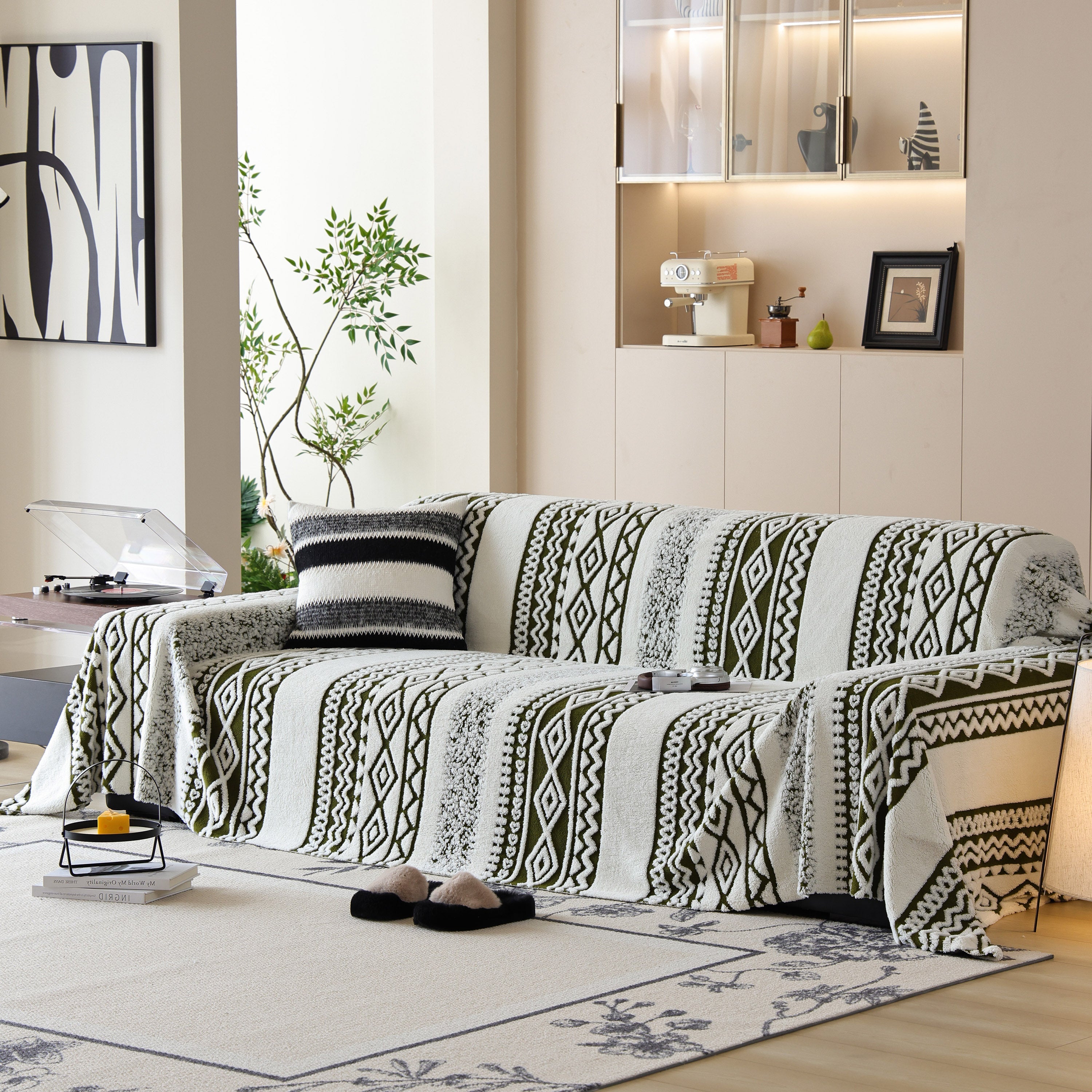 Bohemian Tufted Sofa Cover, Plush Fleece Throw Blanket With 3d Woven Aztec Stripes