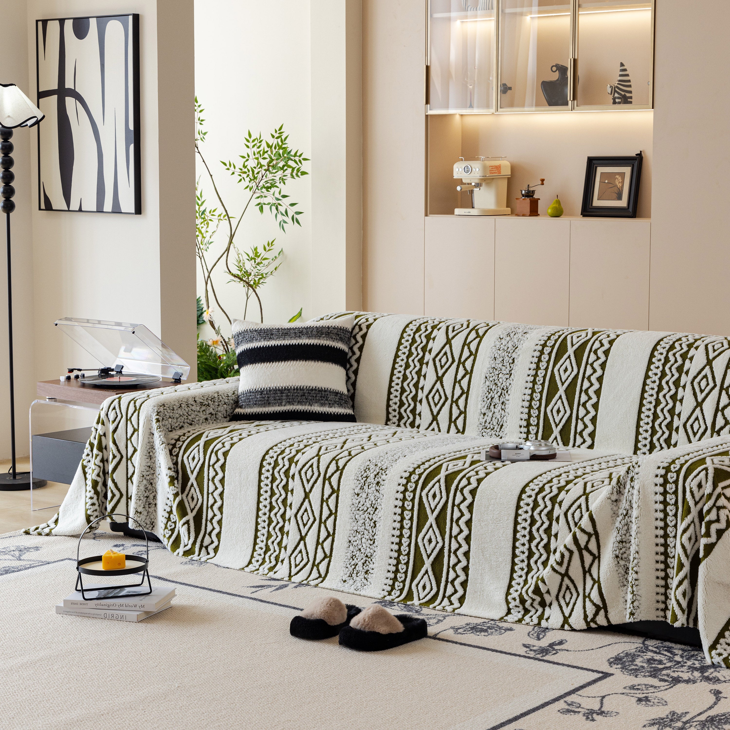 Bohemian Tufted Sofa Cover, Plush Fleece Throw Blanket With 3d Woven Aztec Stripes