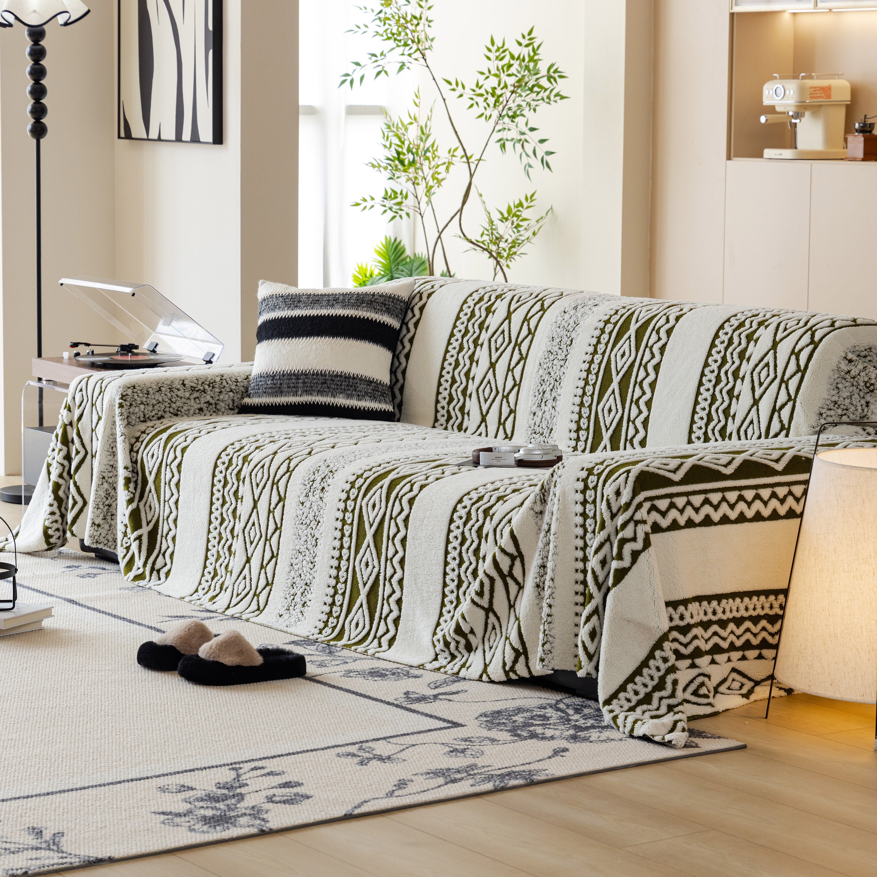 Bohemian Tufted Sofa Cover, Plush Fleece Throw Blanket With 3d Woven Aztec Stripes