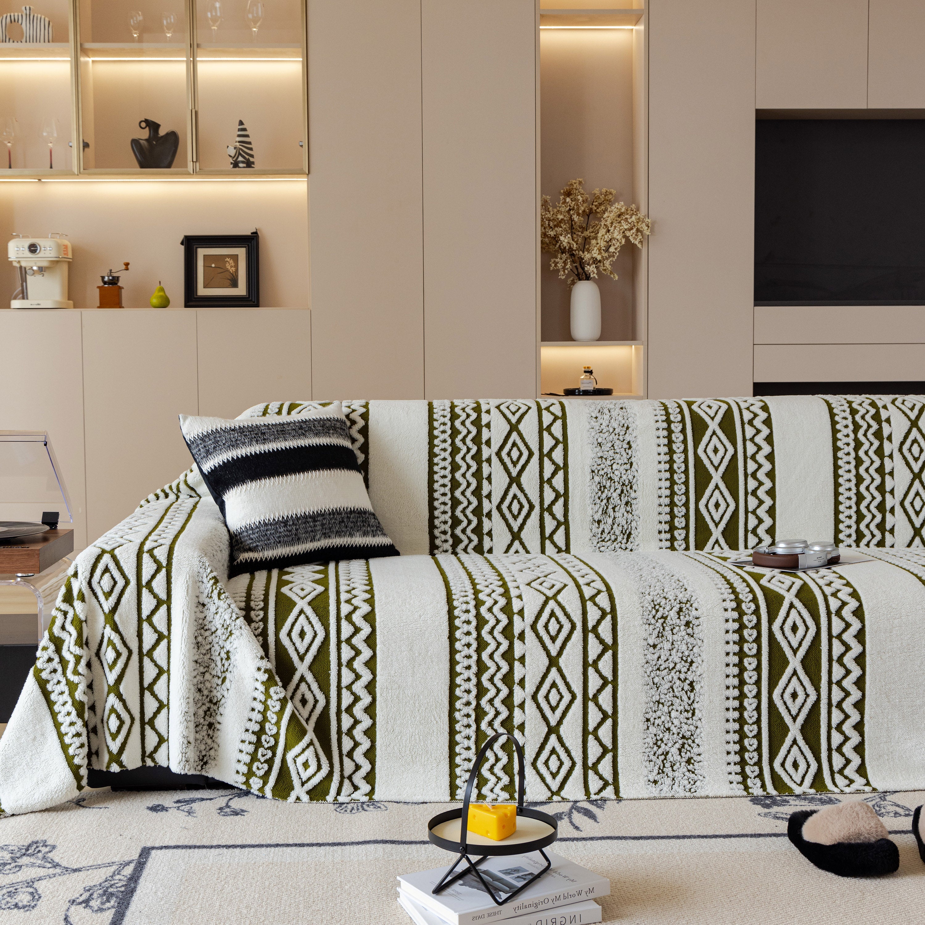 Bohemian Tufted Sofa Cover, Plush Fleece Throw Blanket With 3d Woven Aztec Stripes