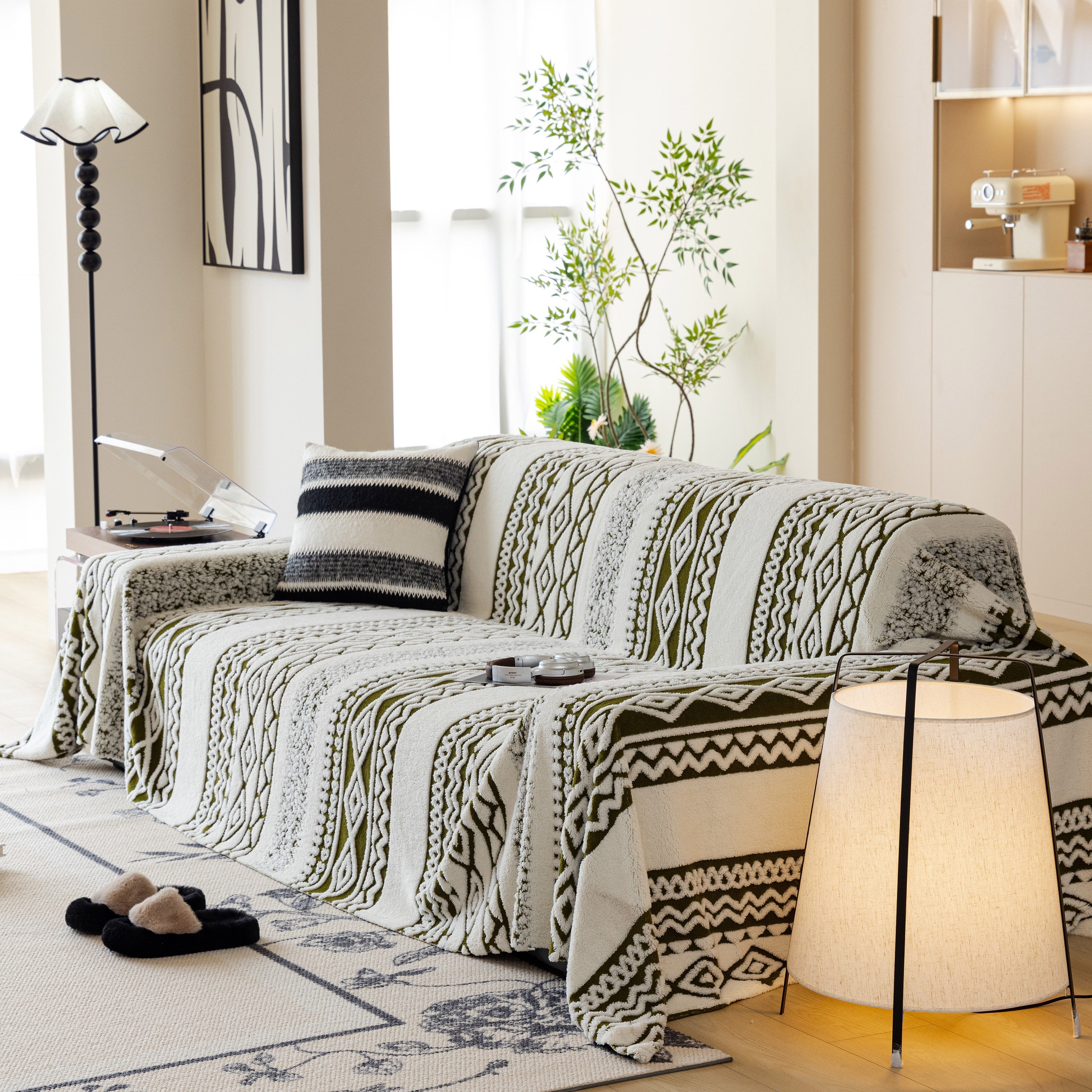 Bohemian Tufted Sofa Cover, Plush Fleece Throw Blanket With 3d Woven Aztec Stripes
