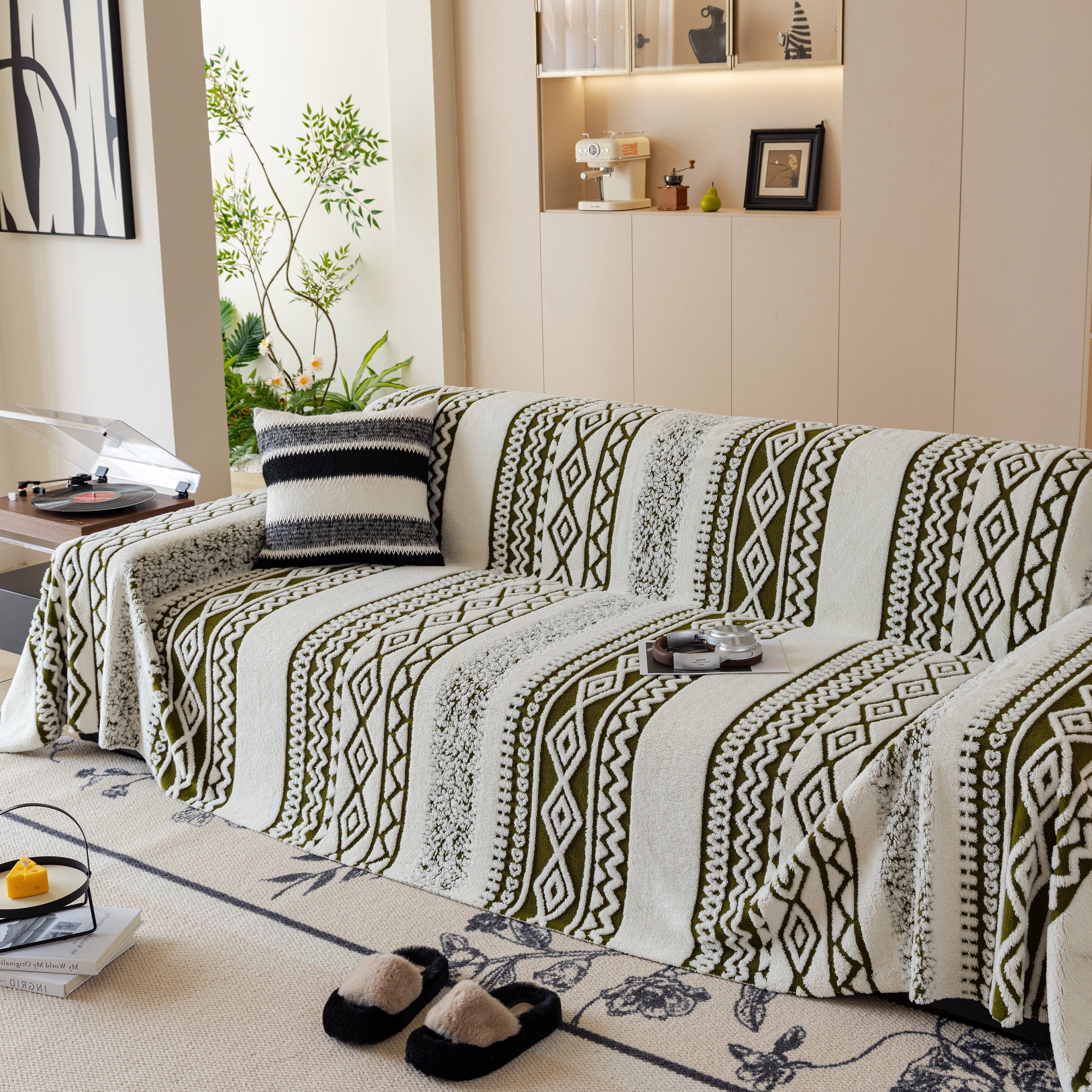Bohemian Tufted Sofa Cover, Plush Fleece Throw Blanket With 3d Woven Aztec Stripes