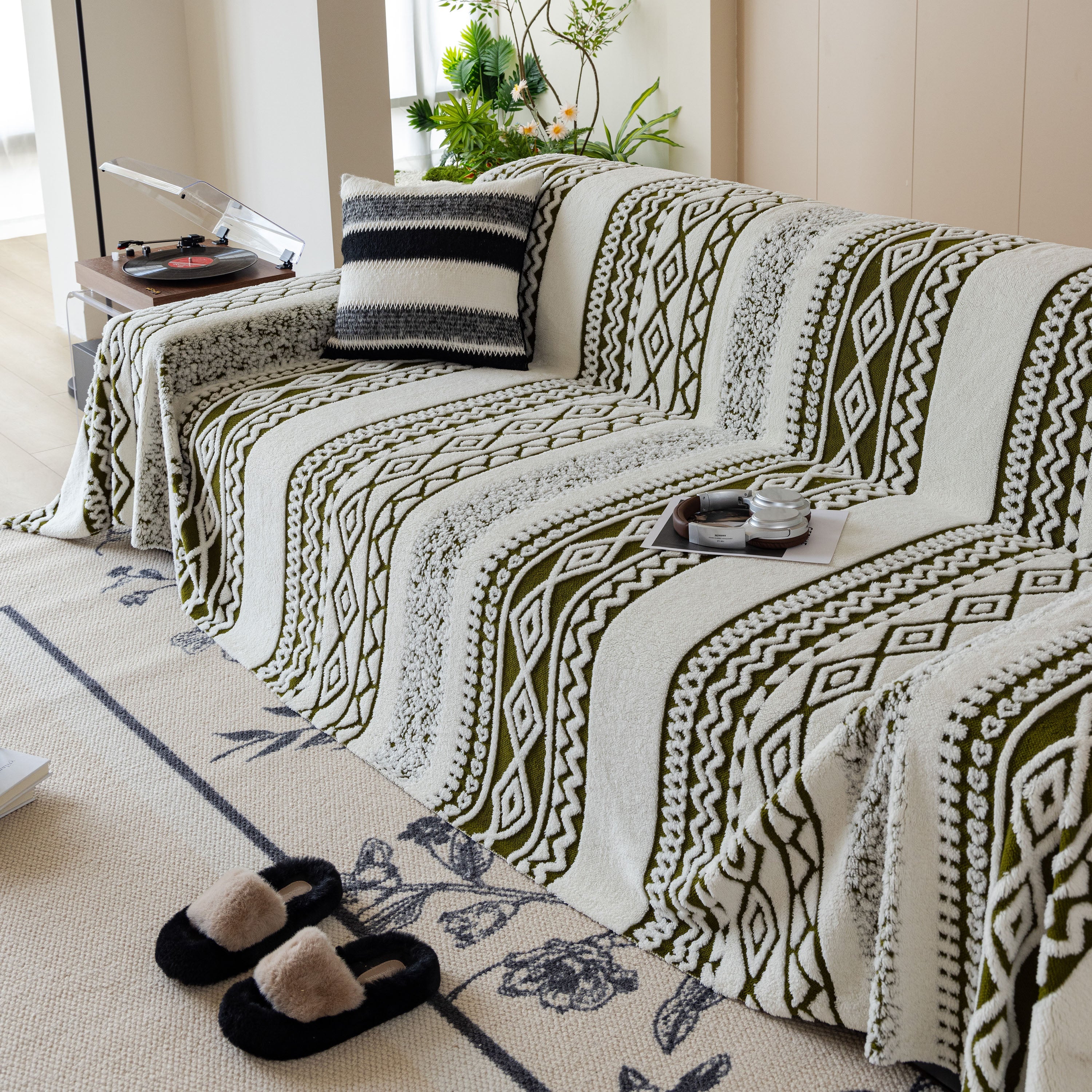 Bohemian Tufted Sofa Cover, Plush Fleece Throw Blanket With 3d Woven Aztec Stripes