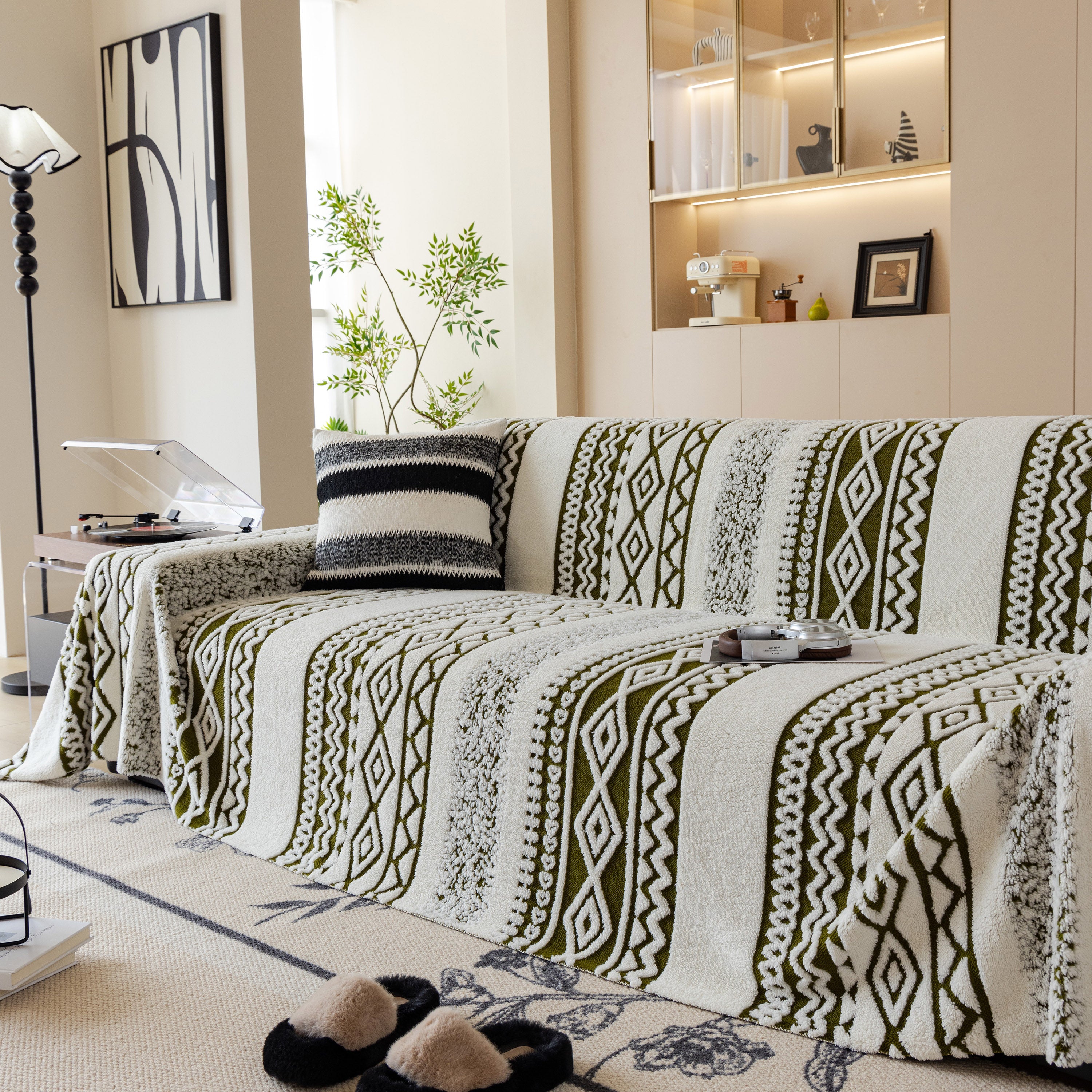 Bohemian Tufted Sofa Cover, Plush Fleece Throw Blanket With 3d Woven Aztec Stripes