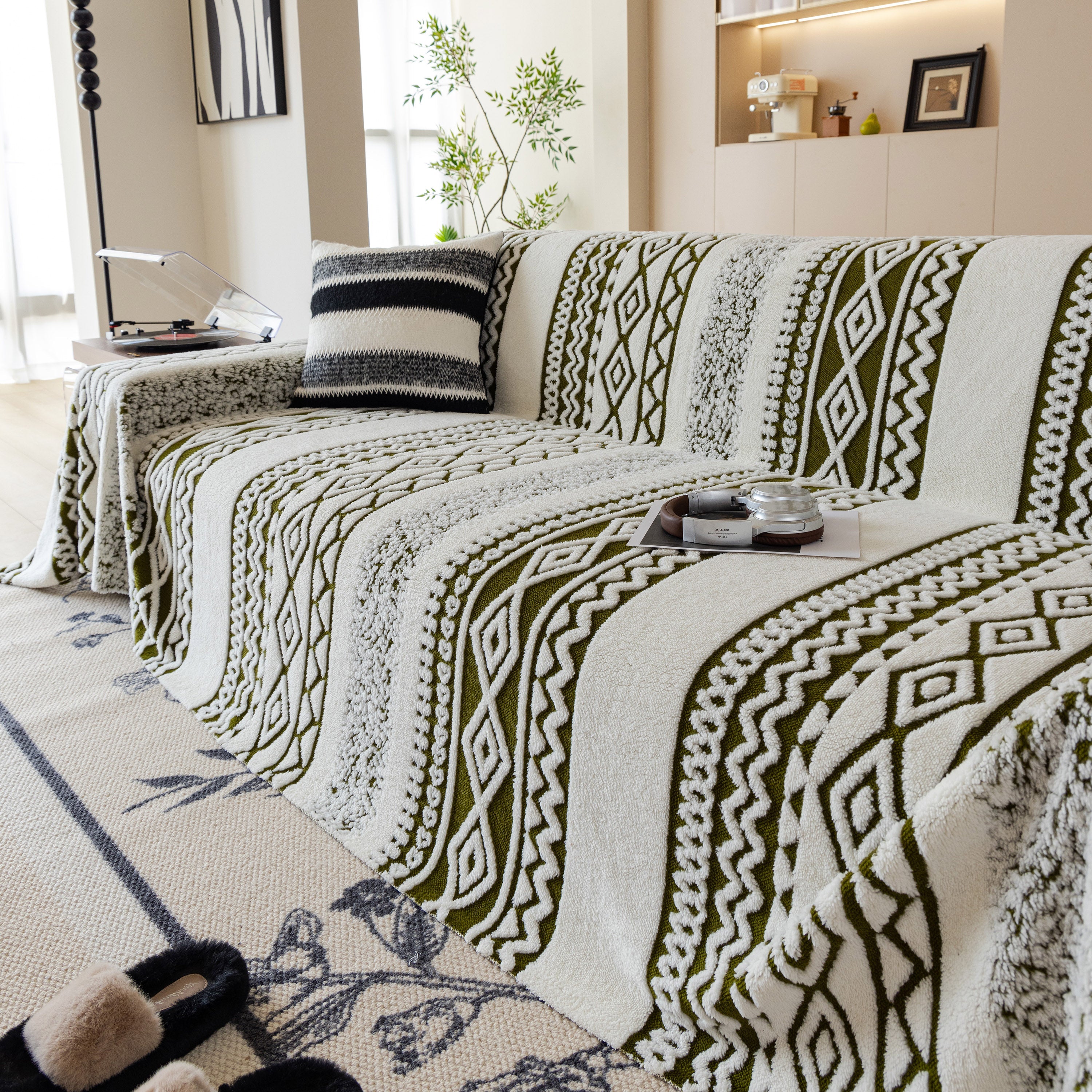 Bohemian Tufted Sofa Cover, Plush Fleece Throw Blanket With 3d Woven Aztec Stripes