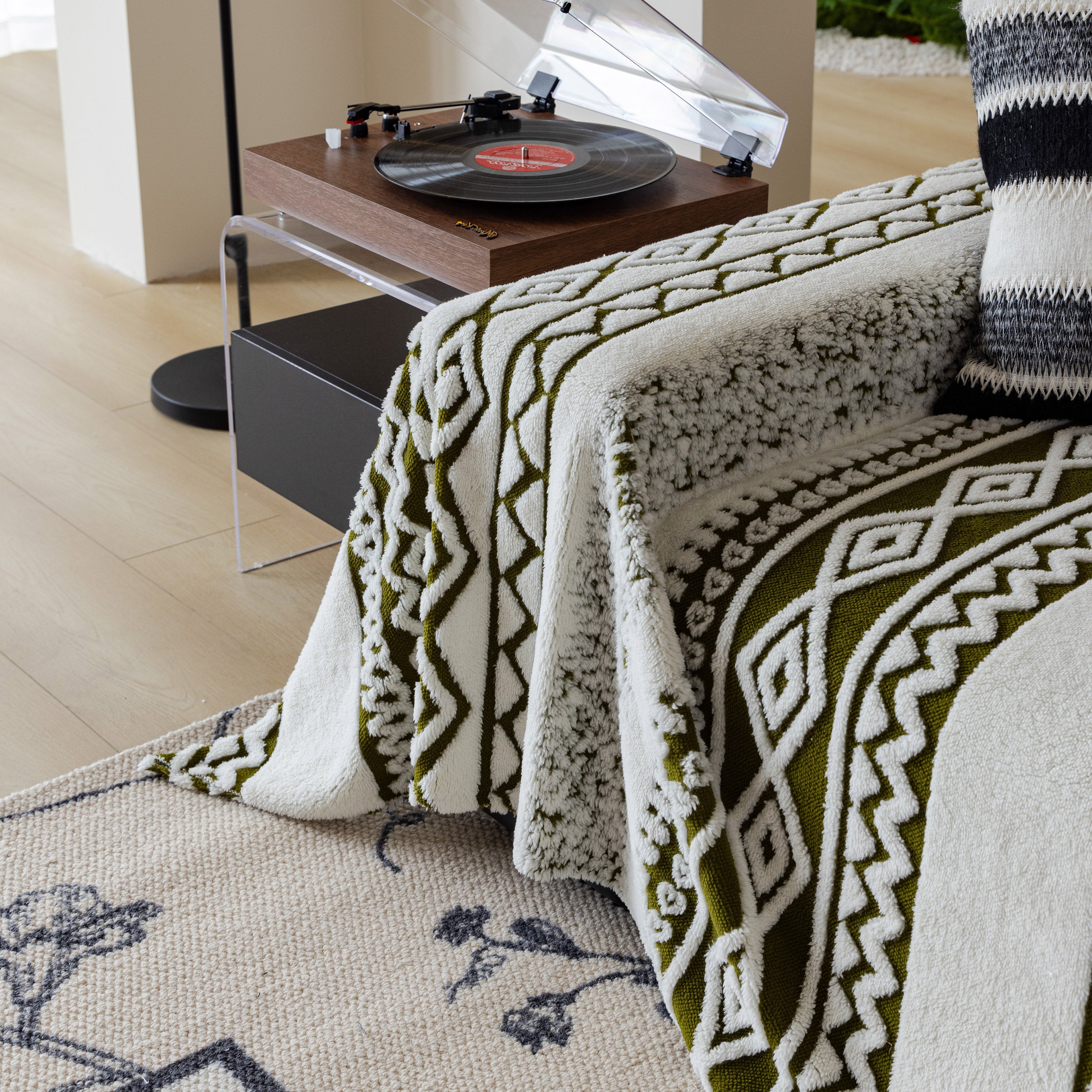 Bohemian Tufted Sofa Cover, Plush Fleece Throw Blanket With 3d Woven Aztec Stripes