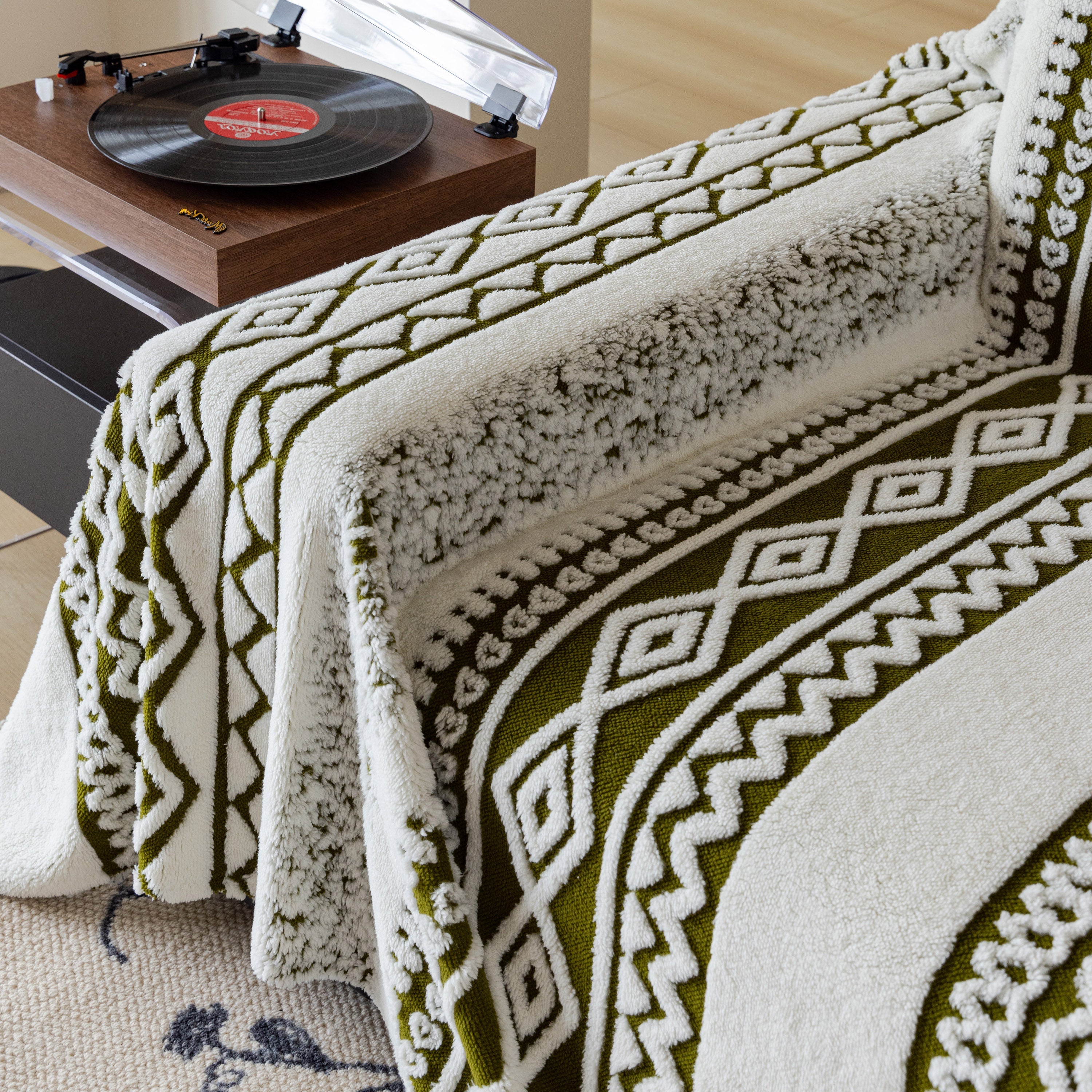 Bohemian Tufted Sofa Cover, Plush Fleece Throw Blanket With 3d Woven Aztec Stripes