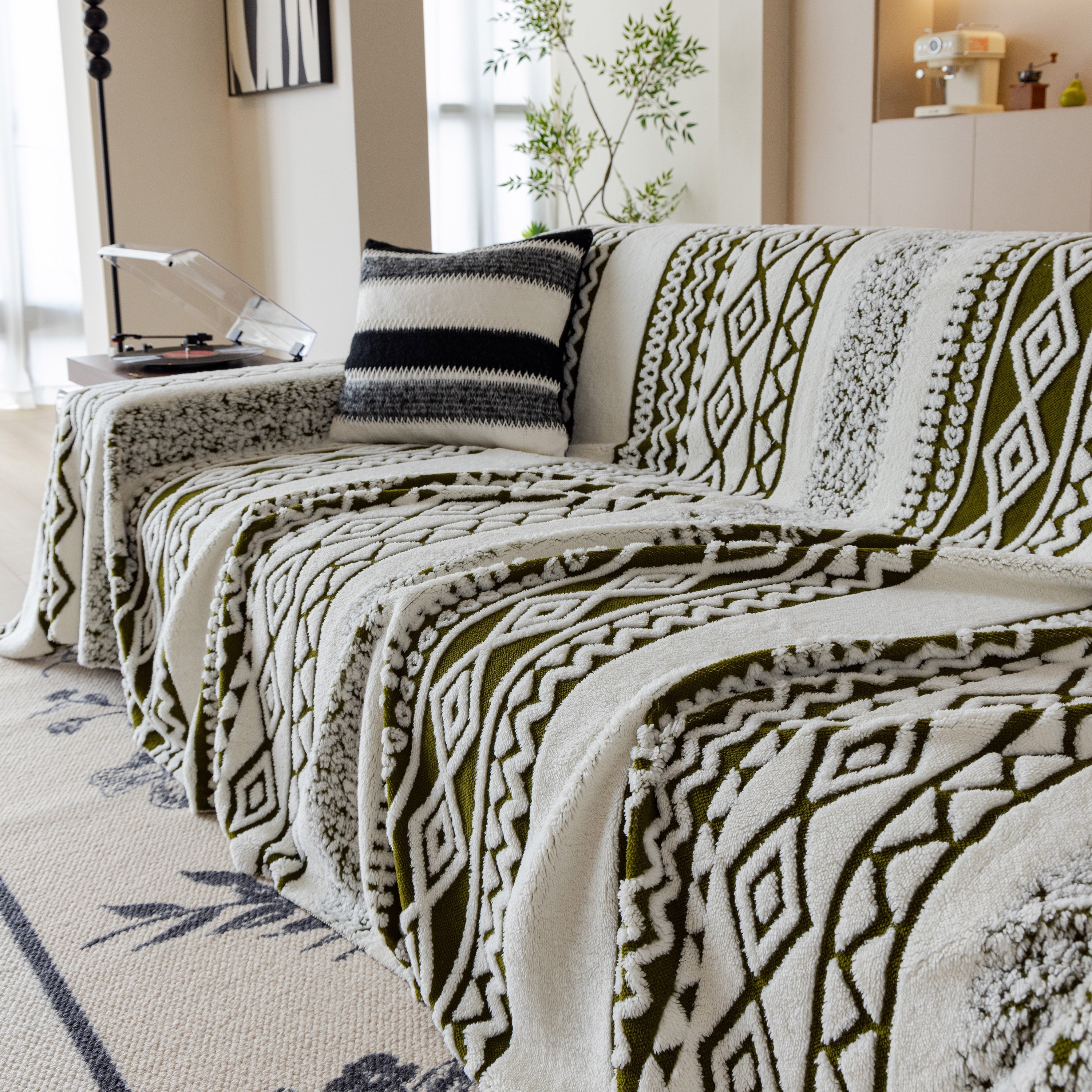 Bohemian Tufted Sofa Cover, Plush Fleece Throw Blanket With 3d Woven Aztec Stripes