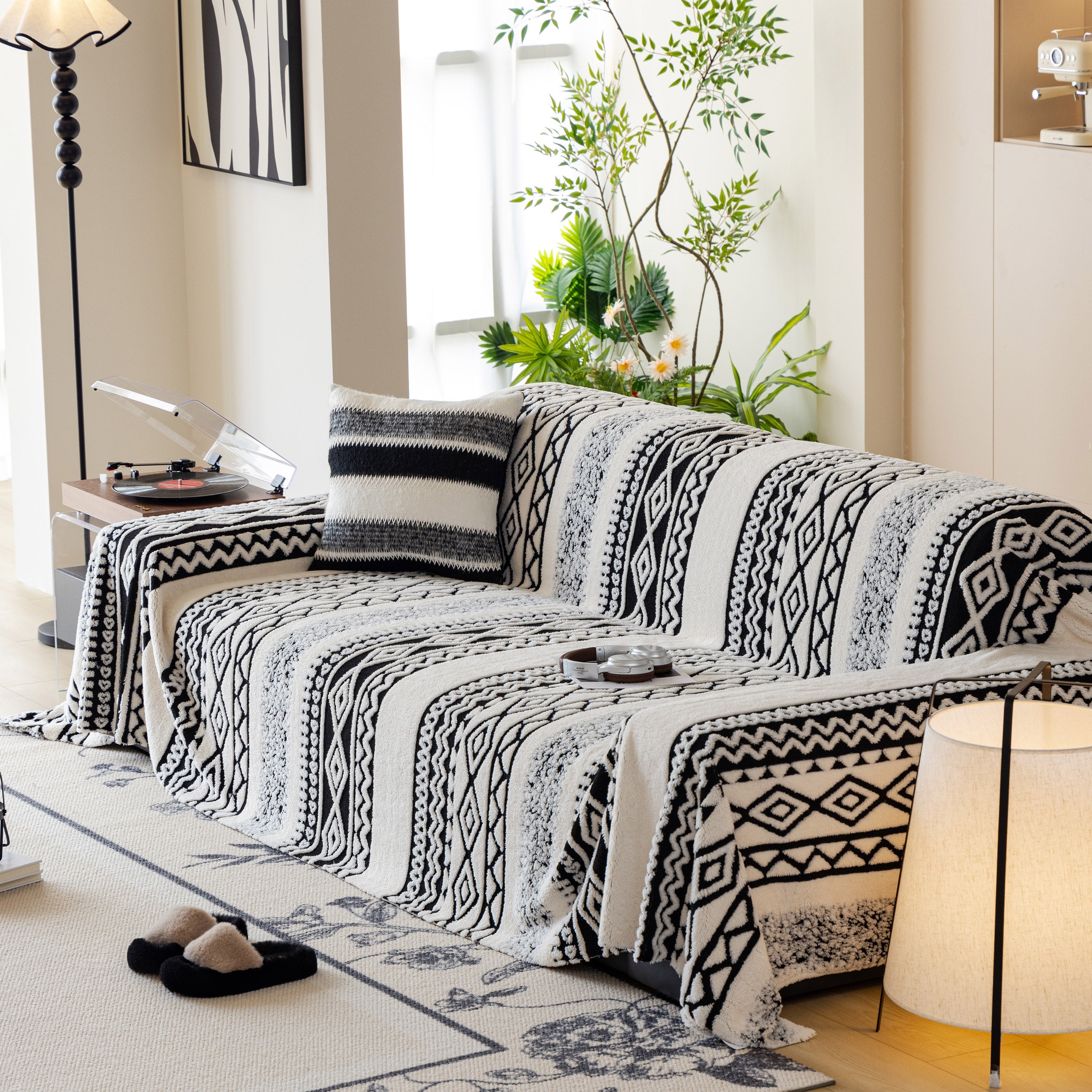 Bohemian Tufted Sofa Cover, Plush Fleece Throw Blanket With 3d Woven Aztec Stripes