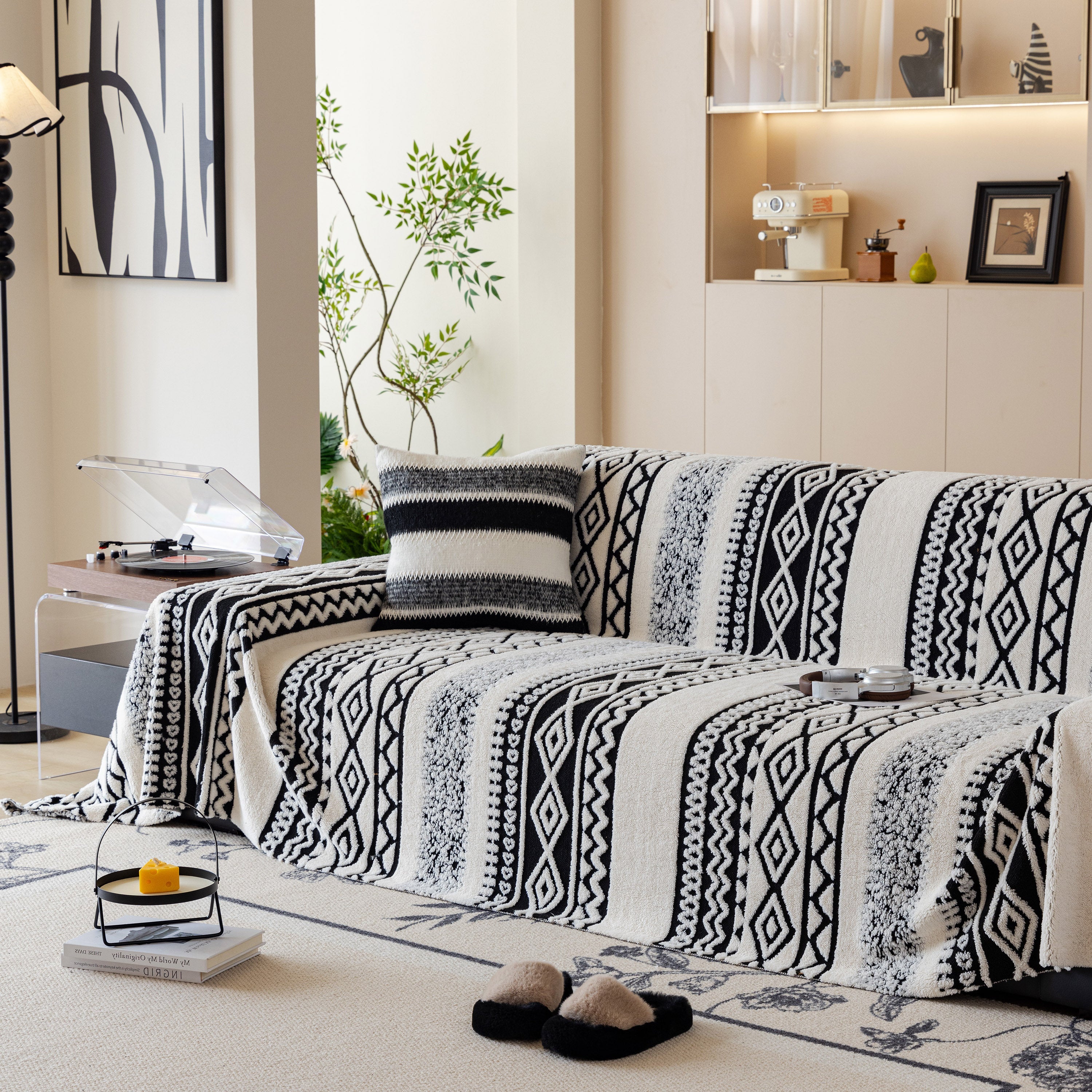 Bohemian Tufted Sofa Cover, Plush Fleece Throw Blanket With 3d Woven Aztec Stripes